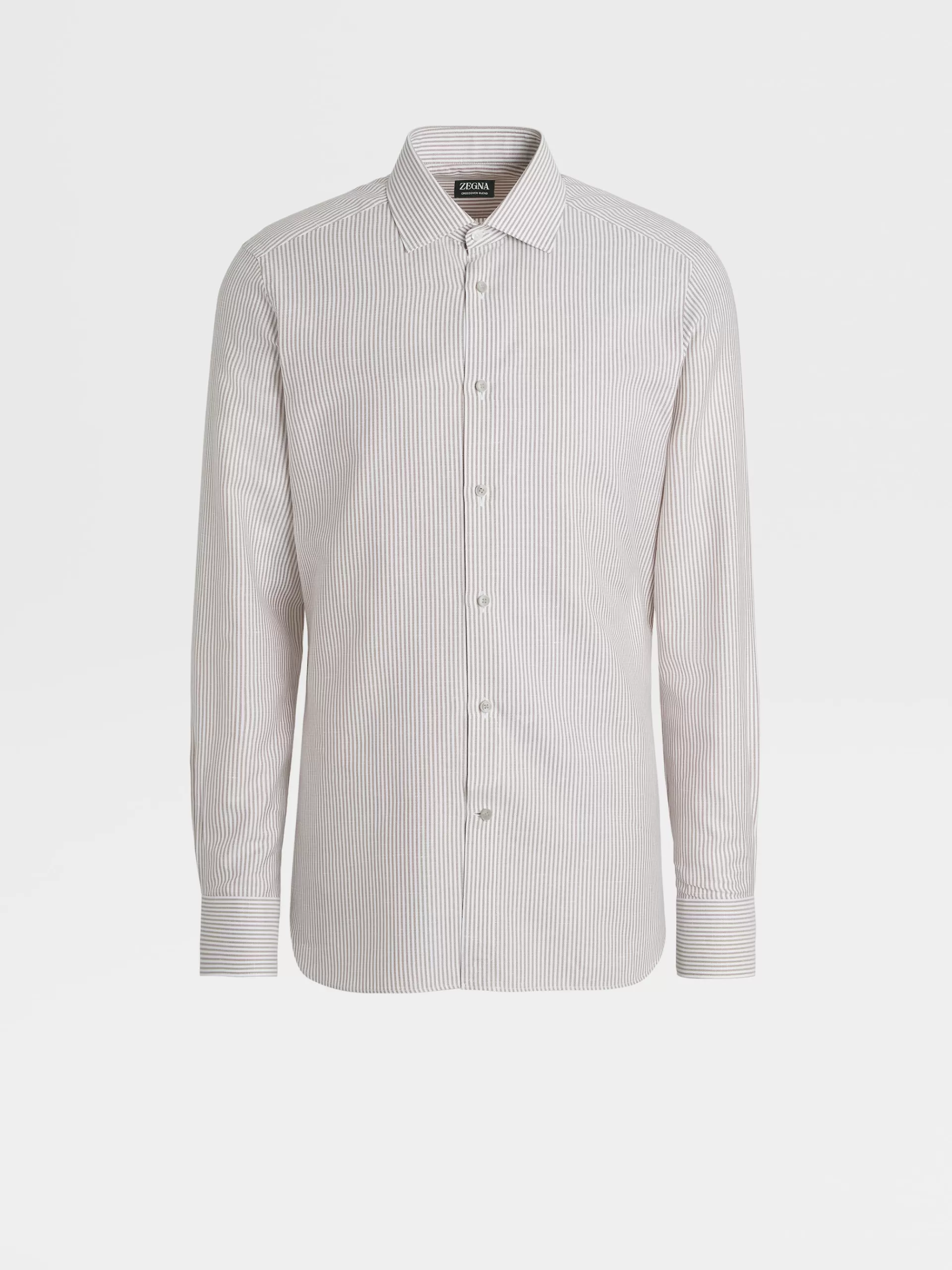 Outlet ZEGNA Chemise Manches Longues Habillee Camel A Rayures En Tissu Crossover De Coton, Lin Et Soie Melanges Camel/Blanc