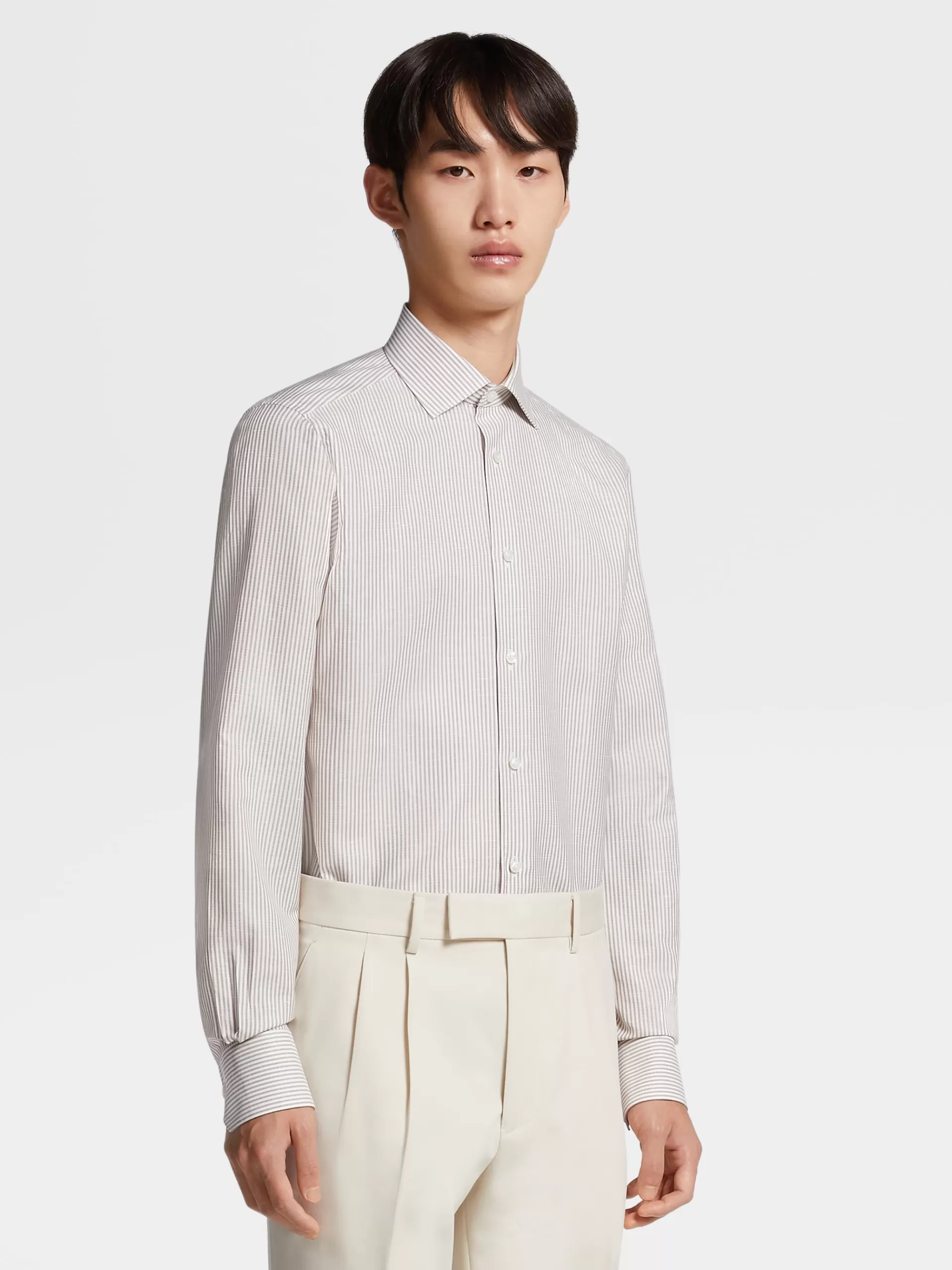 Outlet ZEGNA Chemise Manches Longues Habillee Camel A Rayures En Tissu Crossover De Coton, Lin Et Soie Melanges Camel/Blanc