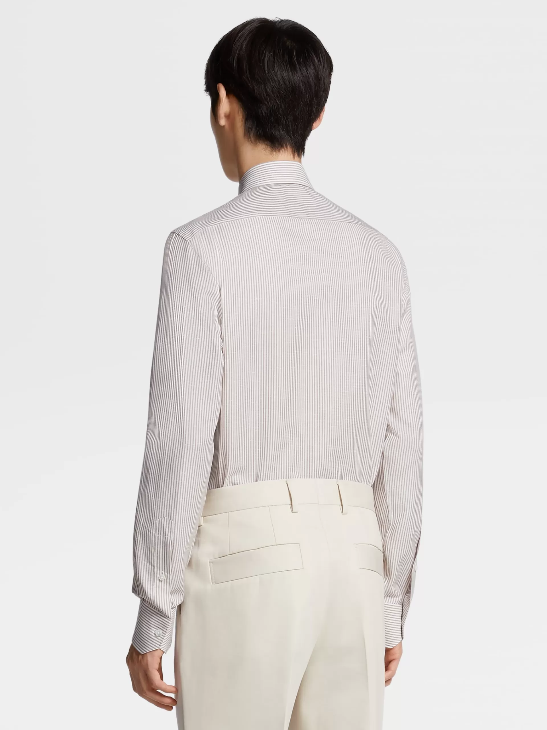 Outlet ZEGNA Chemise Manches Longues Habillee Camel A Rayures En Tissu Crossover De Coton, Lin Et Soie Melanges Camel/Blanc