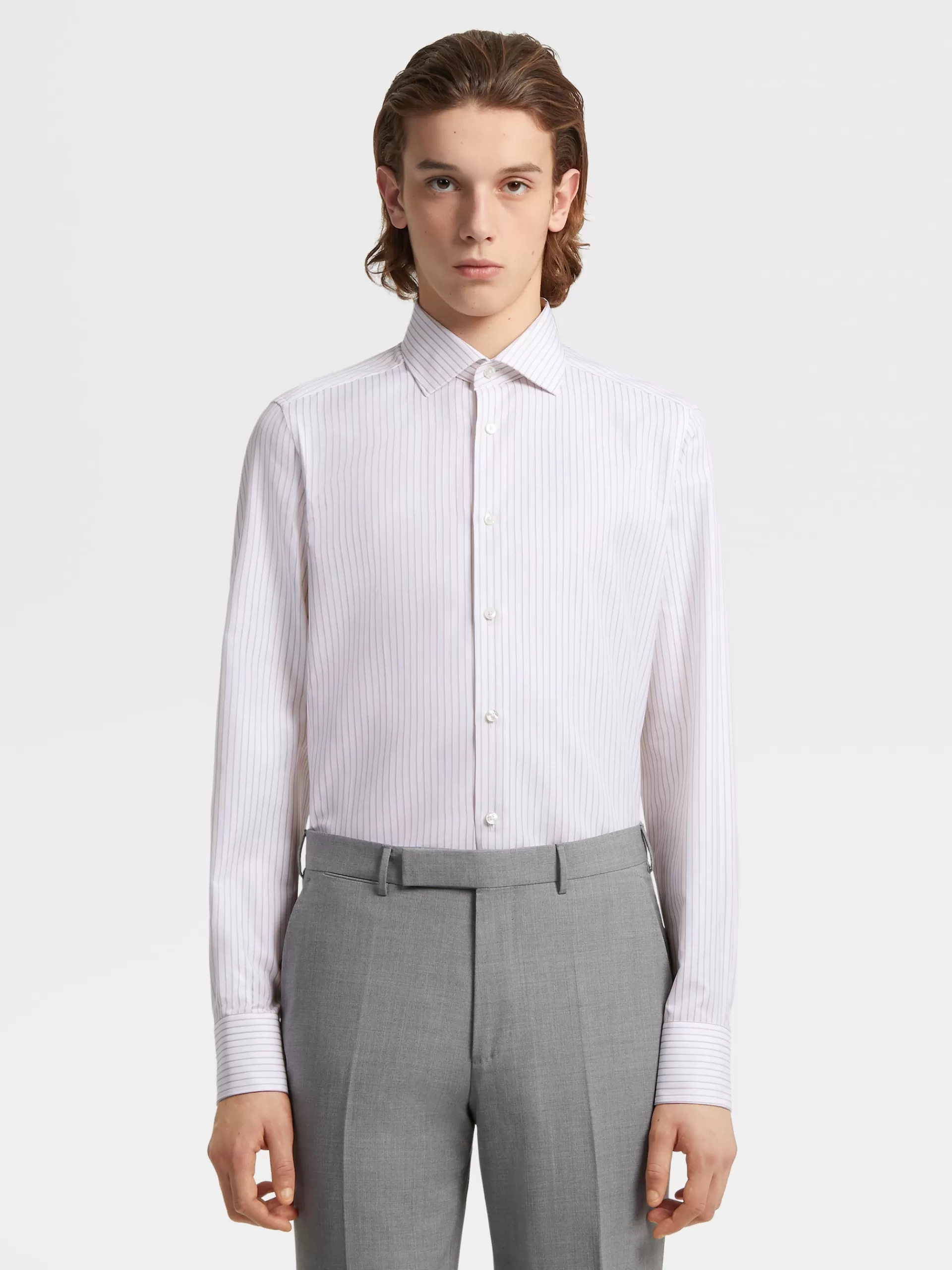 New ZEGNA Chemise Manches Longues Habillee Marron Vigogne Et Blanc A Micro-Rayures En Cotontrecapi Marron Vigogne/Blanc