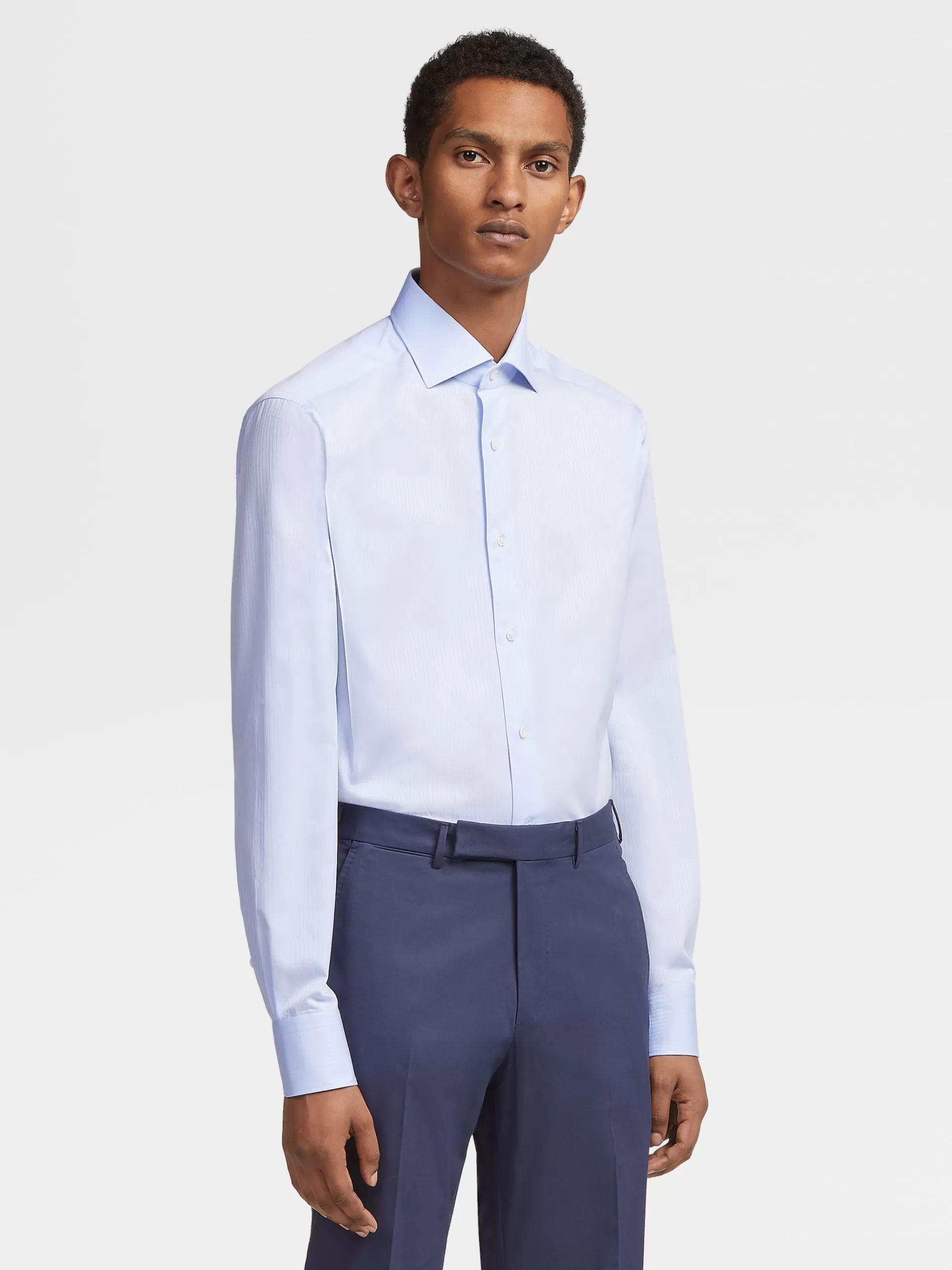 New ZEGNA Chemise Manches Longues Habilleea Rayures En Coton Bleu Clair