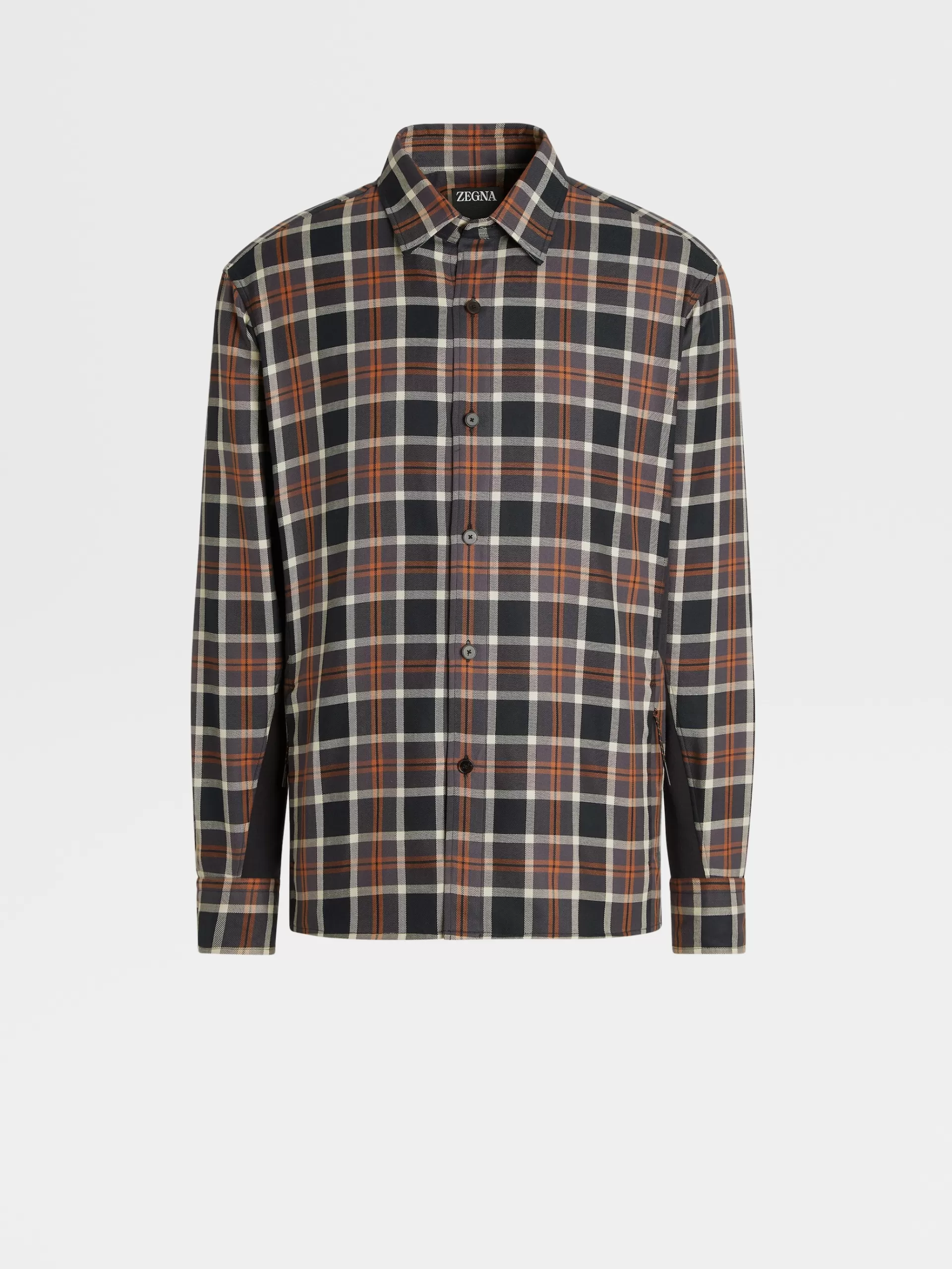Store ZEGNA Chemise Manches Longues Marron Vigogne, Noir Et Gris Fonce A Grands Carreaux En Coton Marron Vigogne/Noir/Gris Fonce