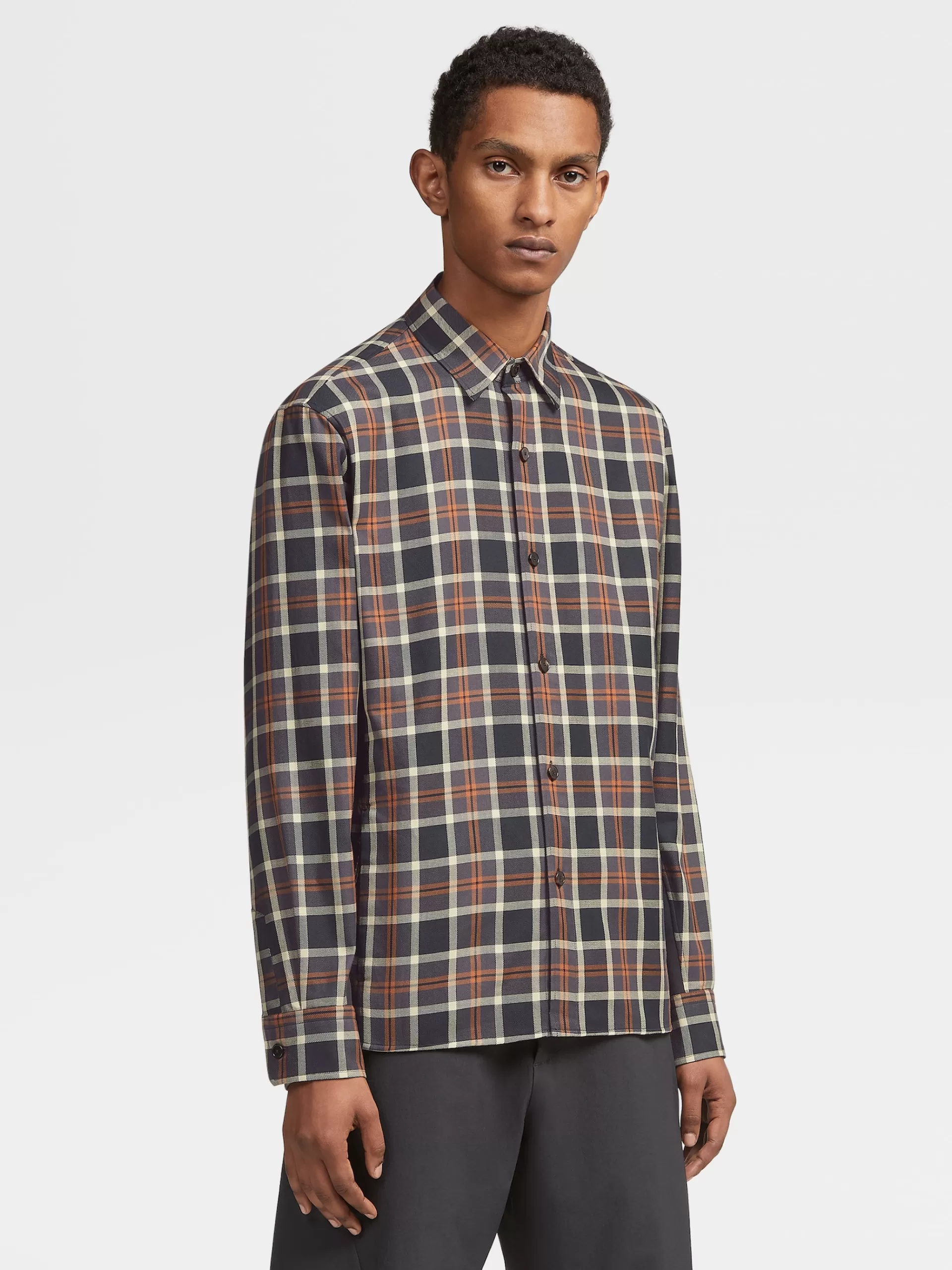 Store ZEGNA Chemise Manches Longues Marron Vigogne, Noir Et Gris Fonce A Grands Carreaux En Coton Marron Vigogne/Noir/Gris Fonce