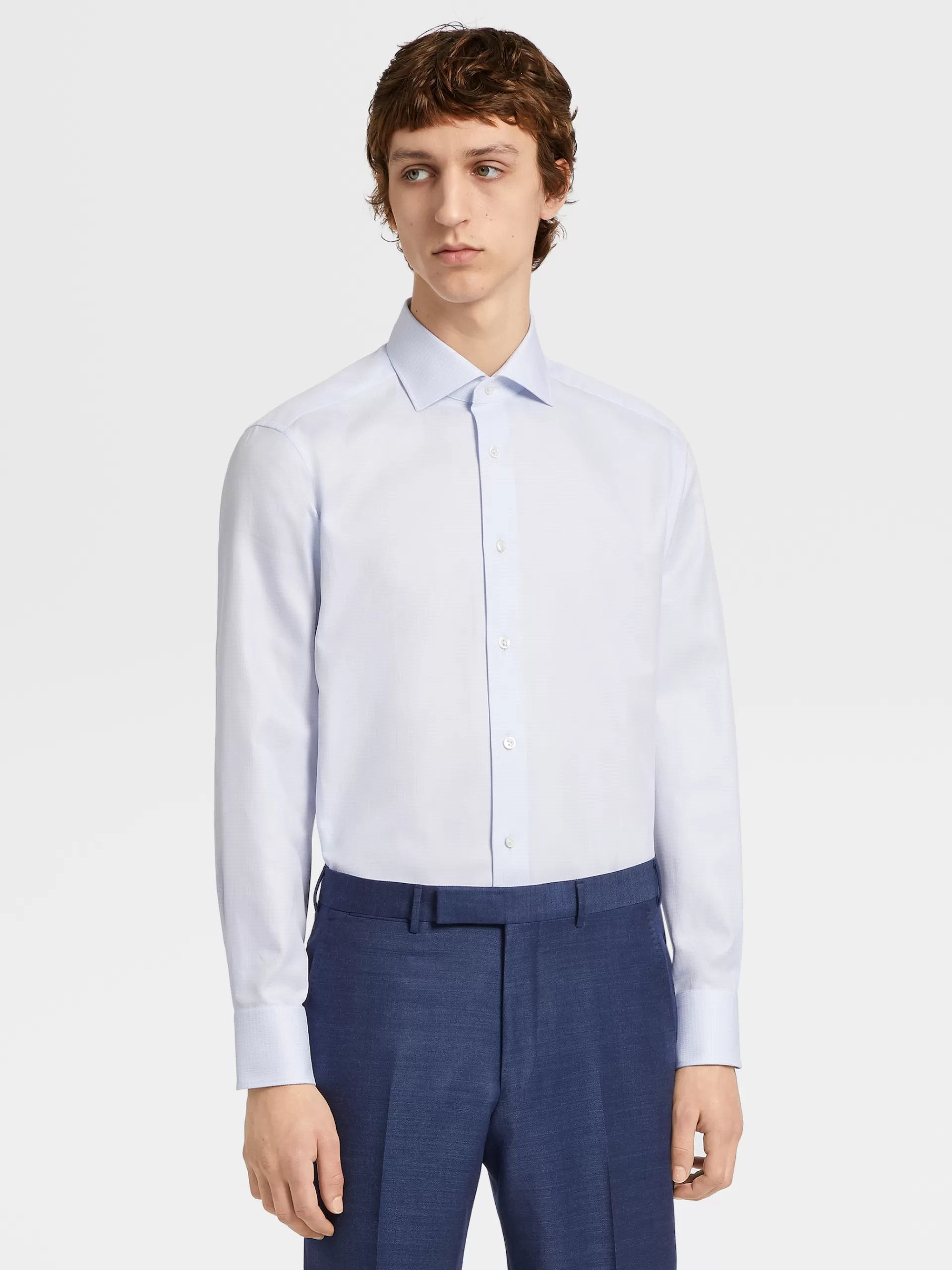 Shop ZEGNA Chemise Rayee Blanc Et Bleu Clair A Motif Pied-De-Poule En Serge De Coton A Manches Longues Blanc/Bleu Clair