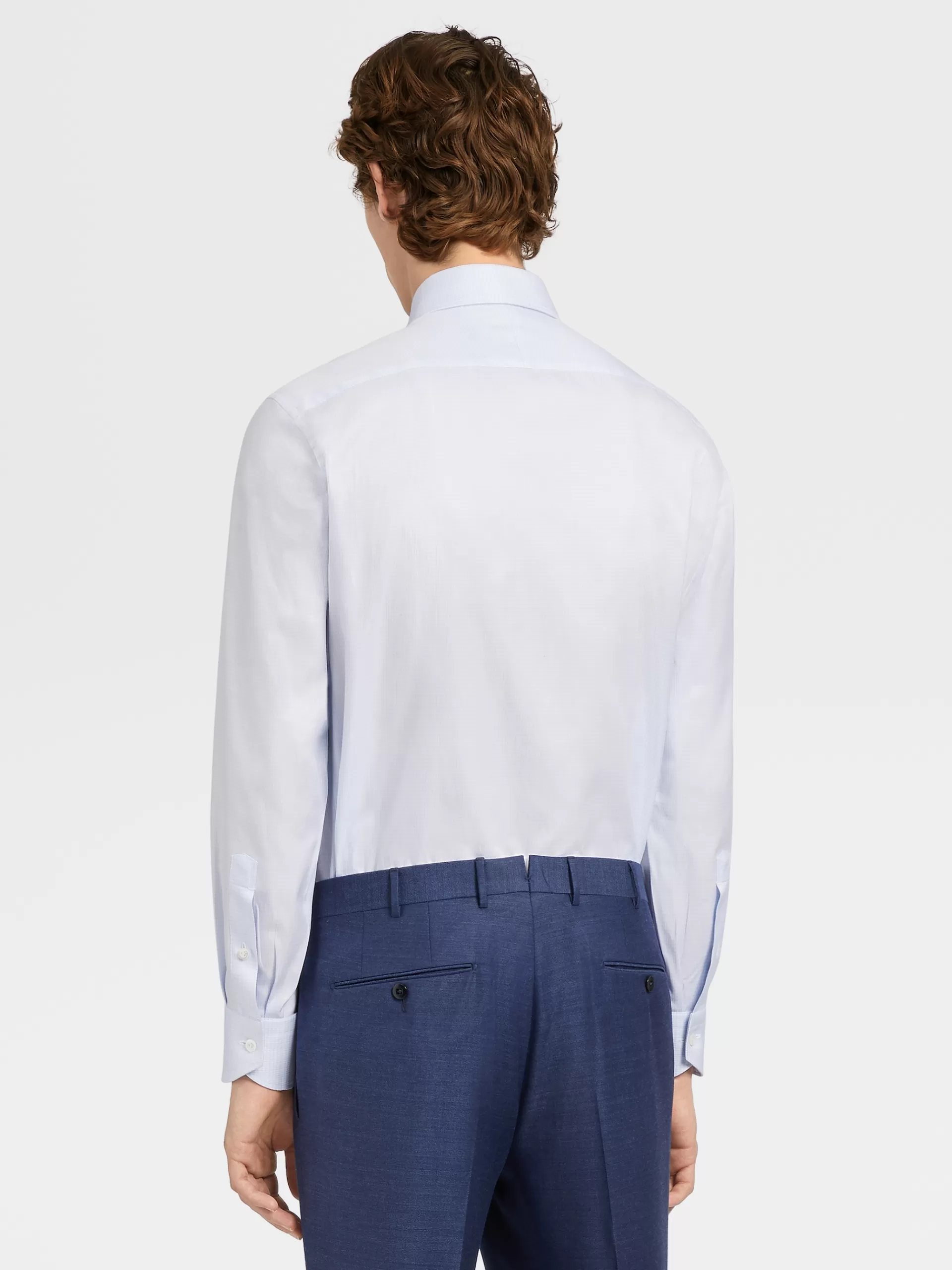 Shop ZEGNA Chemise Rayee Blanc Et Bleu Clair A Motif Pied-De-Poule En Serge De Coton A Manches Longues Blanc/Bleu Clair