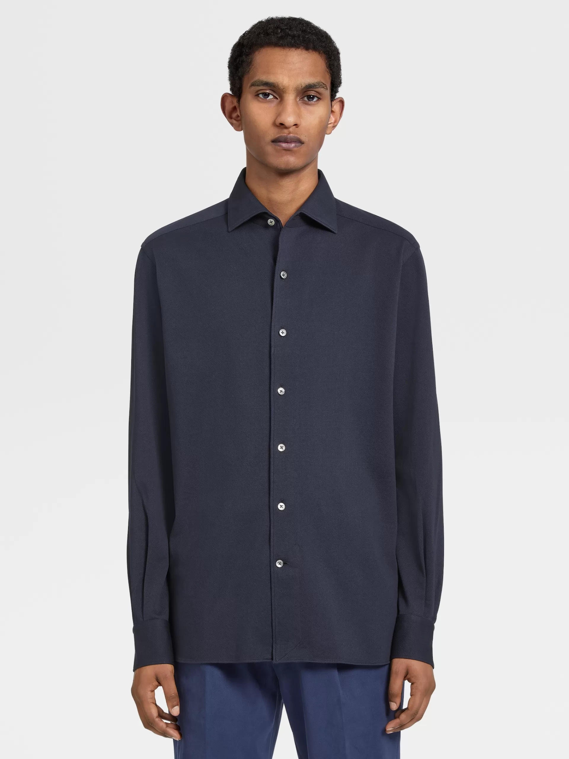 Best ZEGNA Chemiseen Jersey De Coton A Manches Longues Bleu Marine