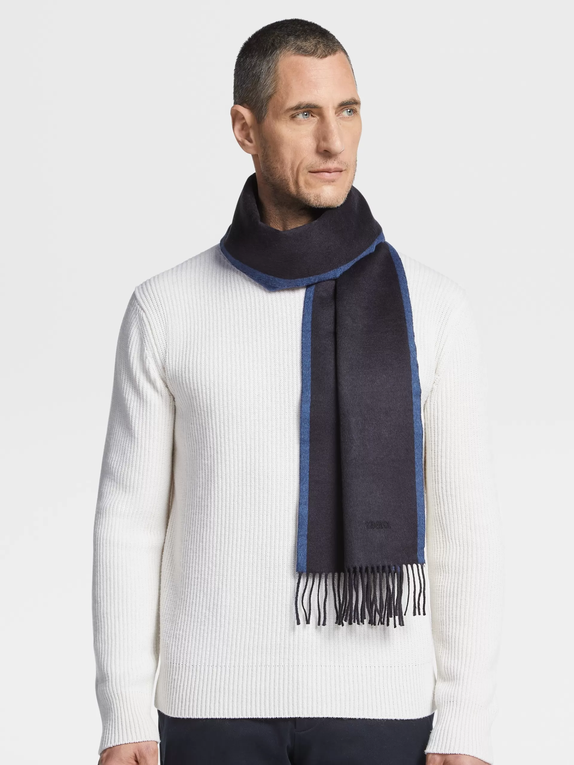 Cheap ZEGNA Foulard En Soieton Sur Ton Bleu Fonce