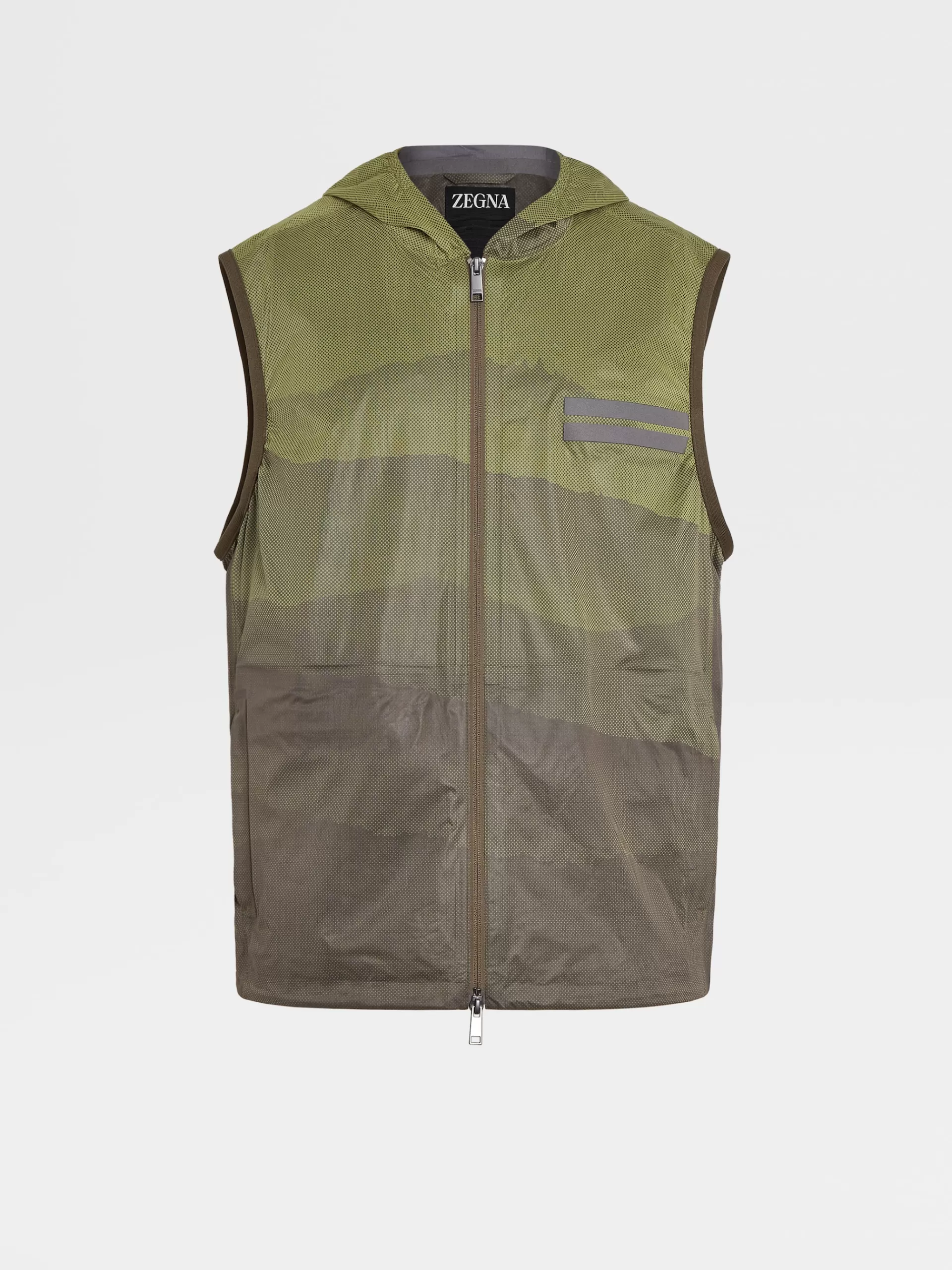 Sale ZEGNA Gilet Sans Manches A Capuche En Tissu Technique Triple Epaisseur Vert Kaki Clair