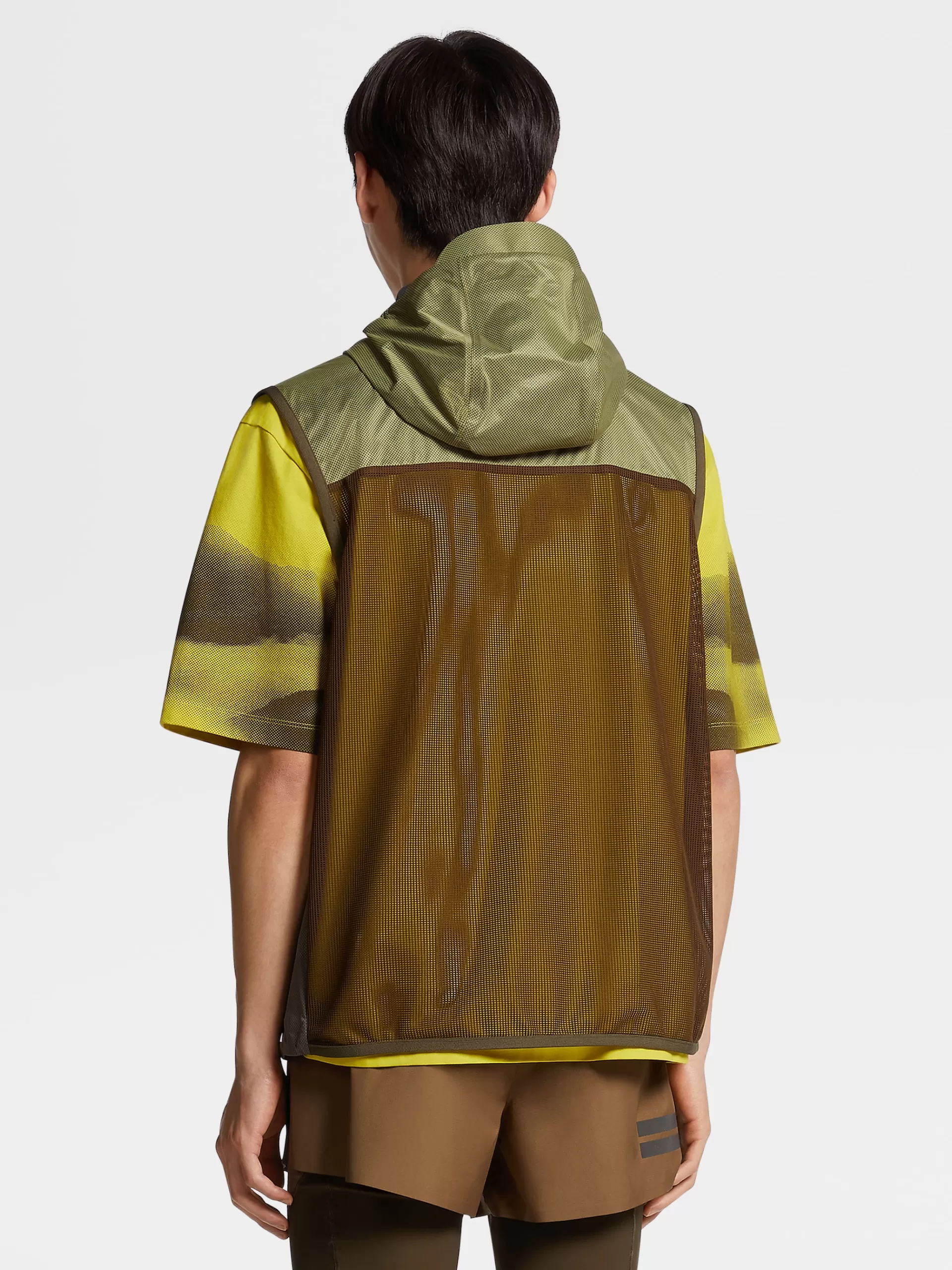 Sale ZEGNA Gilet Sans Manches A Capuche En Tissu Technique Triple Epaisseur Vert Kaki Clair
