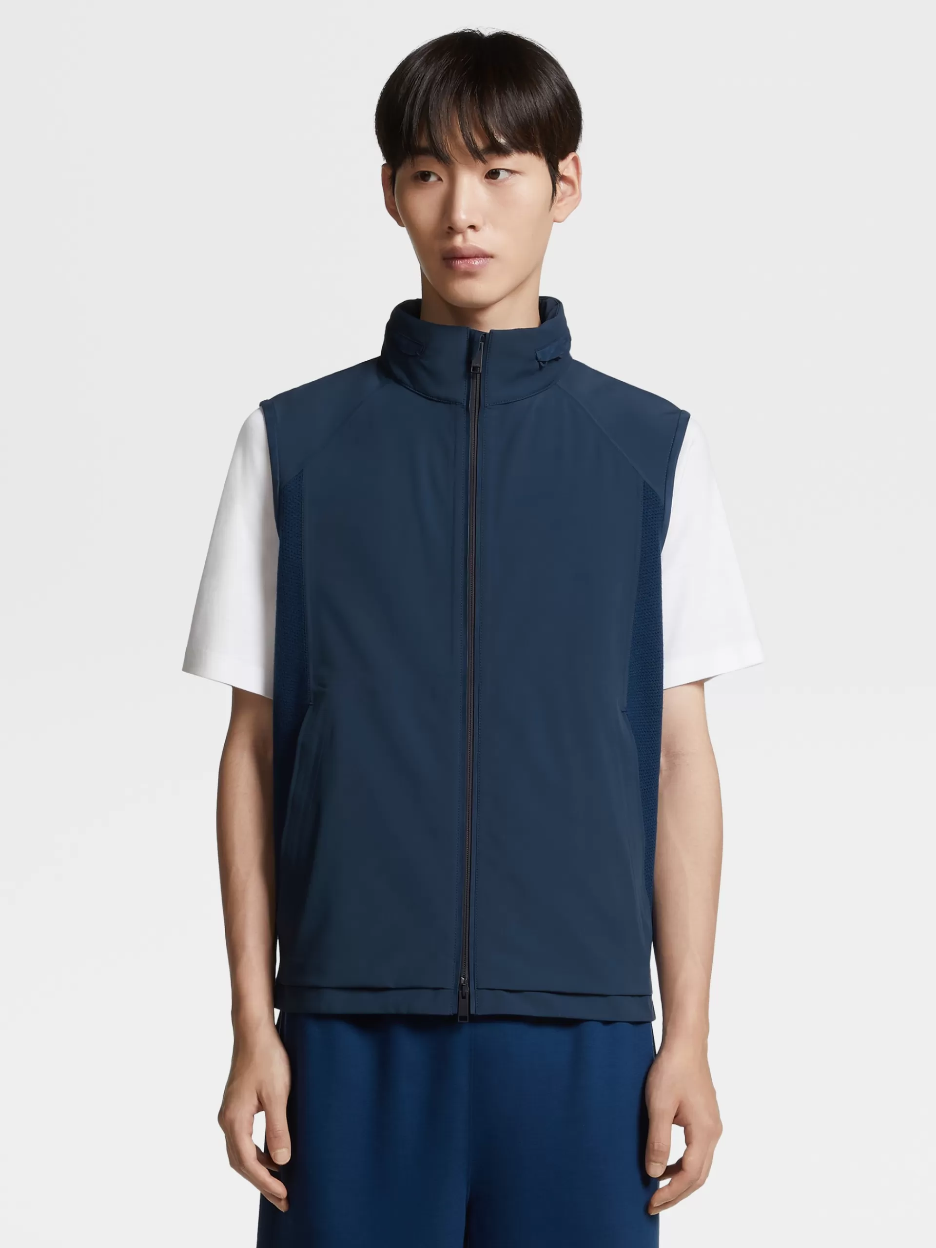Sale ZEGNA Gilet Sans Manches Hybride En Laine High Performance™ Et Nylon Bleu Fonce