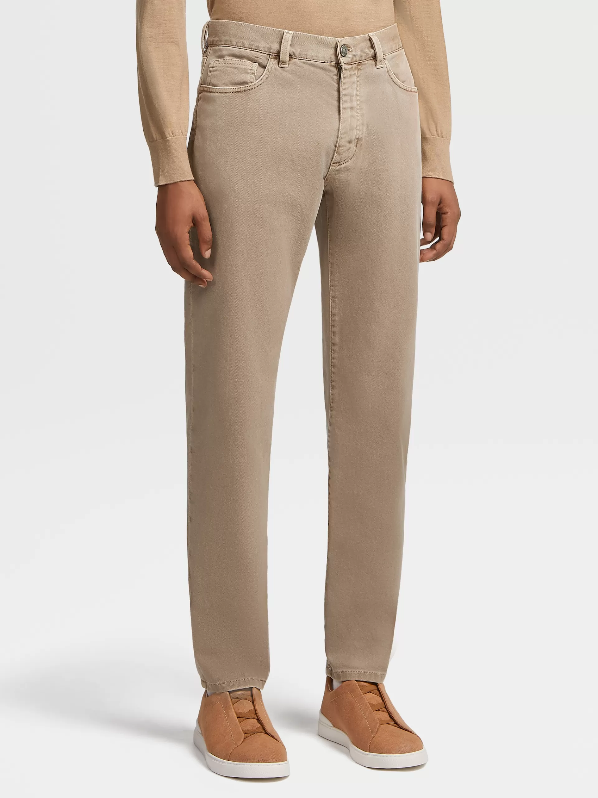 Discount ZEGNA Jean A Cinq Poches En Coton Extensible Teint En Piece Camel Delave