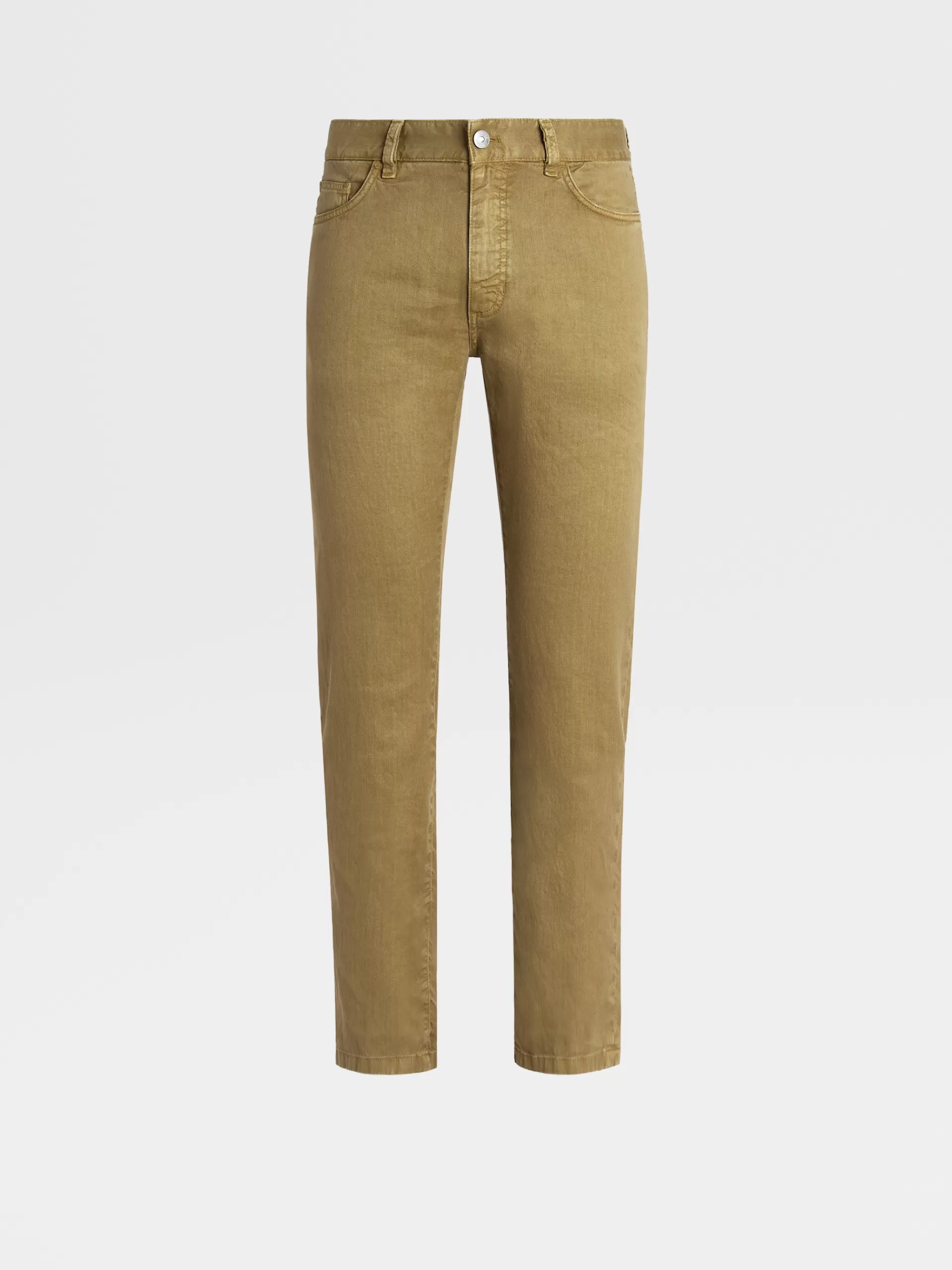 Store ZEGNA Jean A Cinq Poches Teint En Piece En Lin Et Coton Extensible Vert Kaki Clair