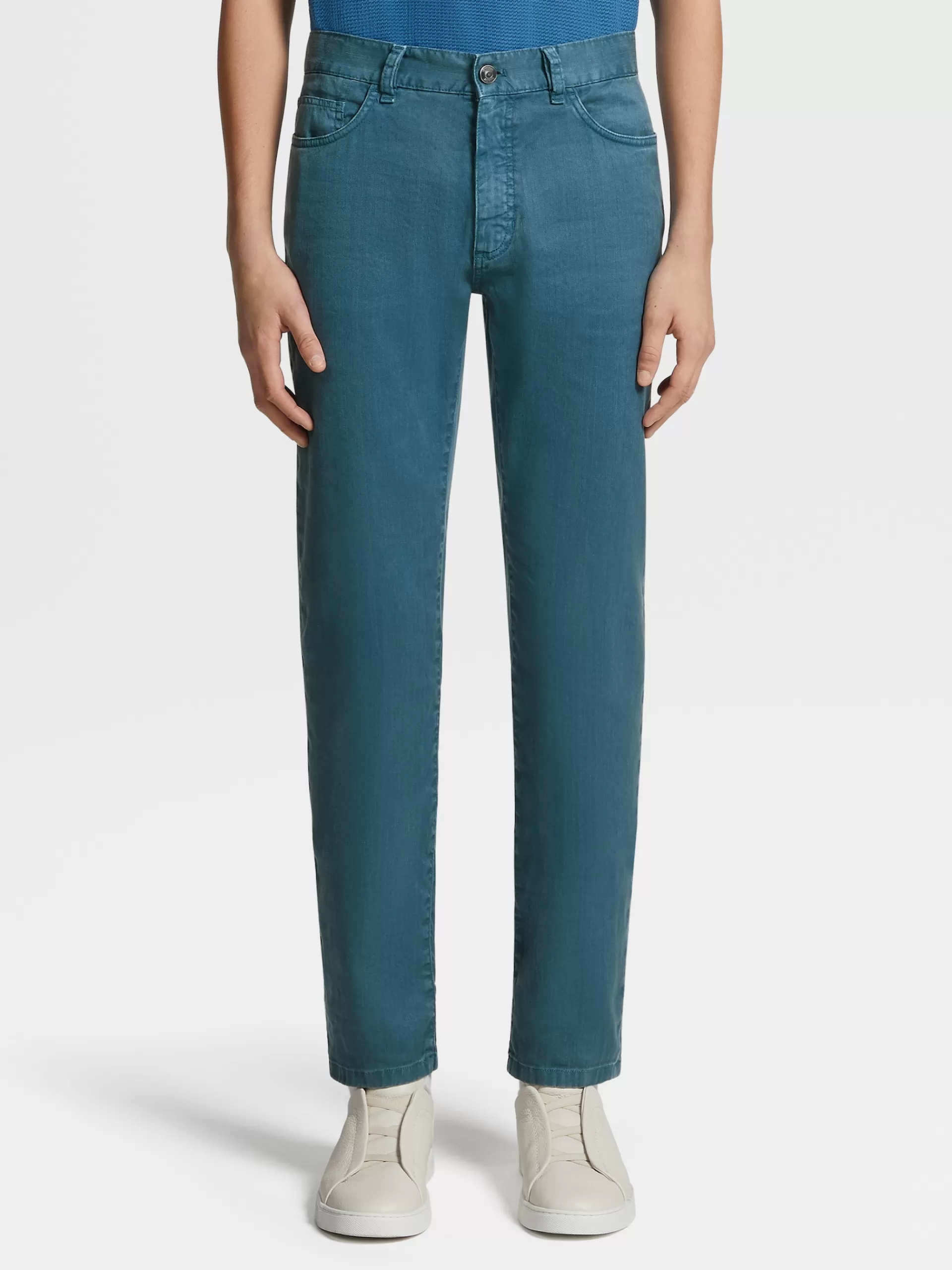 Cheap ZEGNA Jean A Cinq Poches Teint En Piece En Lin Et Coton Extensible Bleu Sarcelle