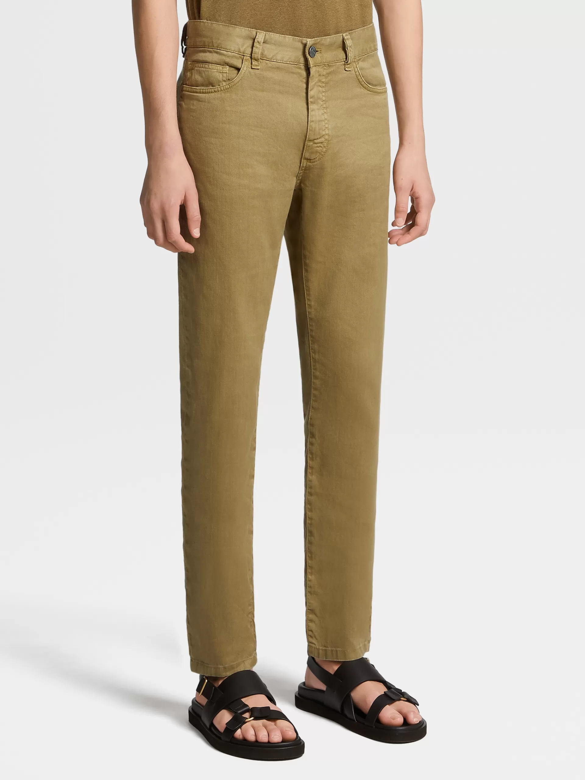 Store ZEGNA Jean A Cinq Poches Teint En Piece En Lin Et Coton Extensible Vert Kaki Clair