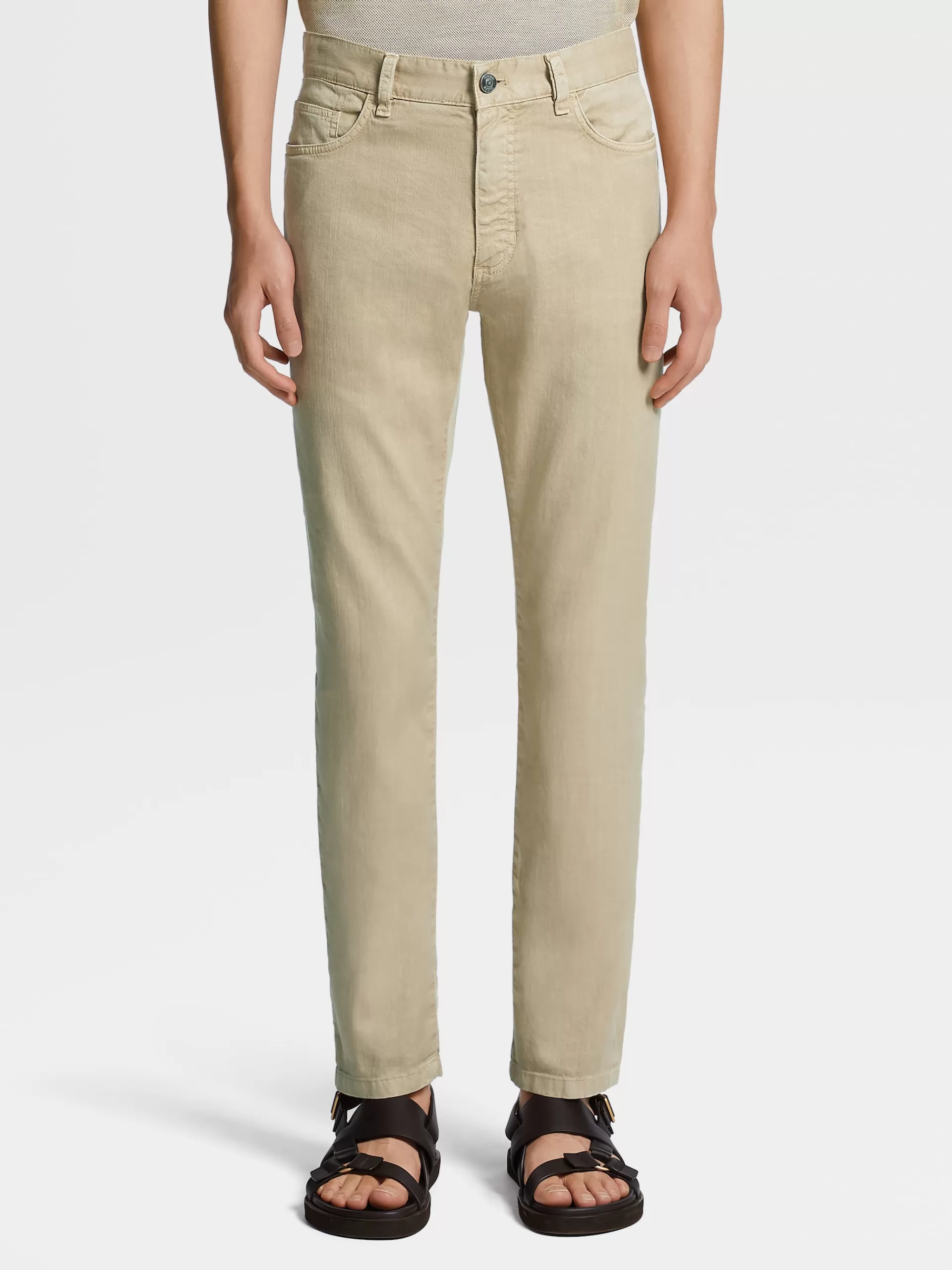 Cheap ZEGNA Jean A Cinq Poches Teint En Piece En Lin Et Coton Extensible Beige