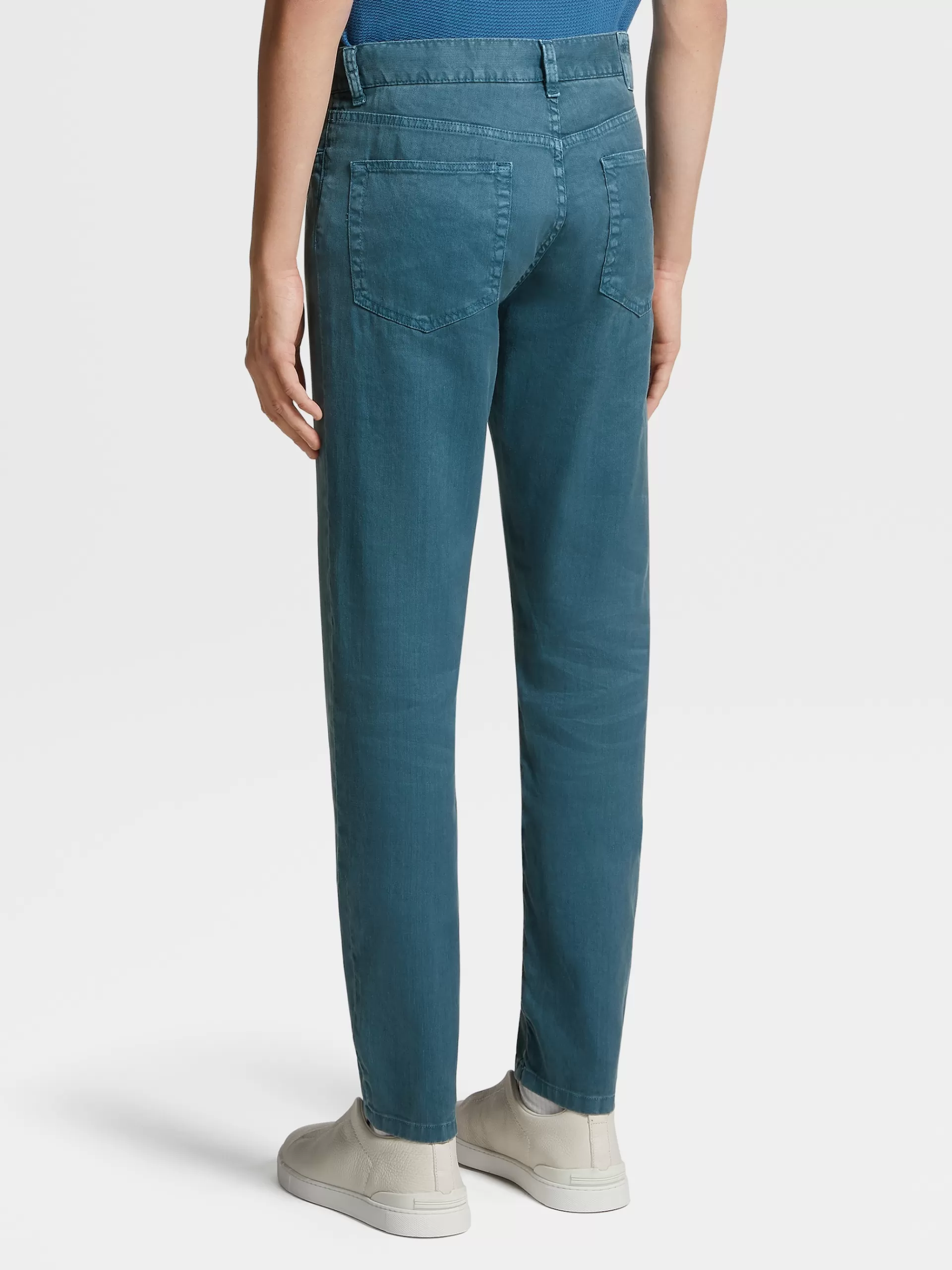 Cheap ZEGNA Jean A Cinq Poches Teint En Piece En Lin Et Coton Extensible Bleu Sarcelle