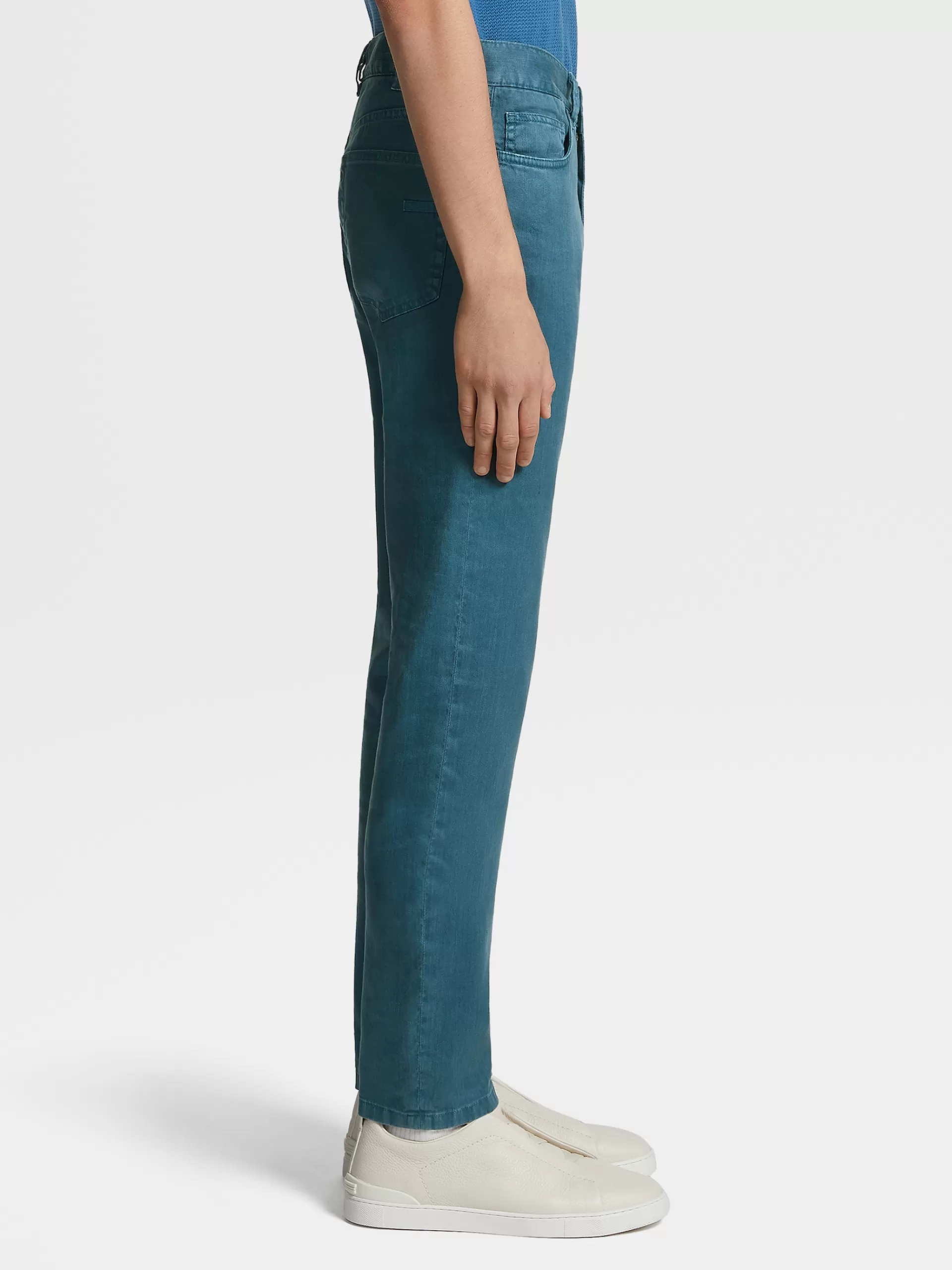 Cheap ZEGNA Jean A Cinq Poches Teint En Piece En Lin Et Coton Extensible Bleu Sarcelle