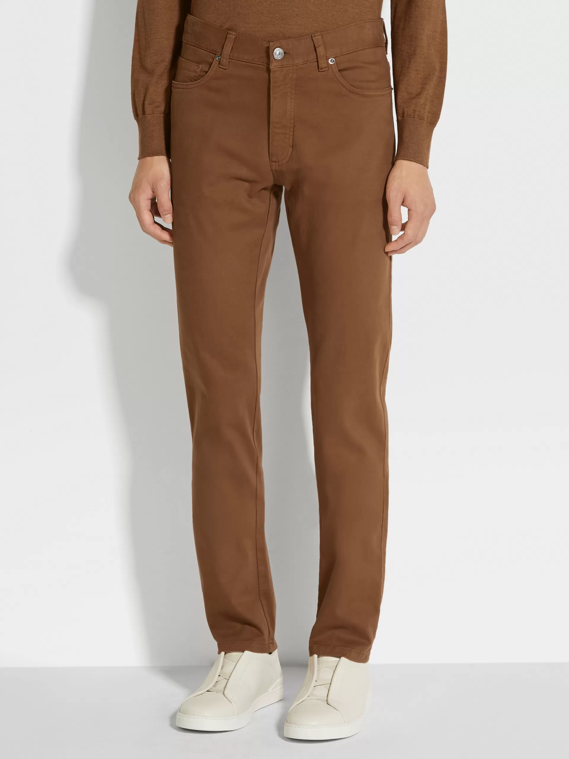 New ZEGNA Jean City A Cinq Poches Teint En Piece En Gabardine De Coton Extensible Marron Vigogne