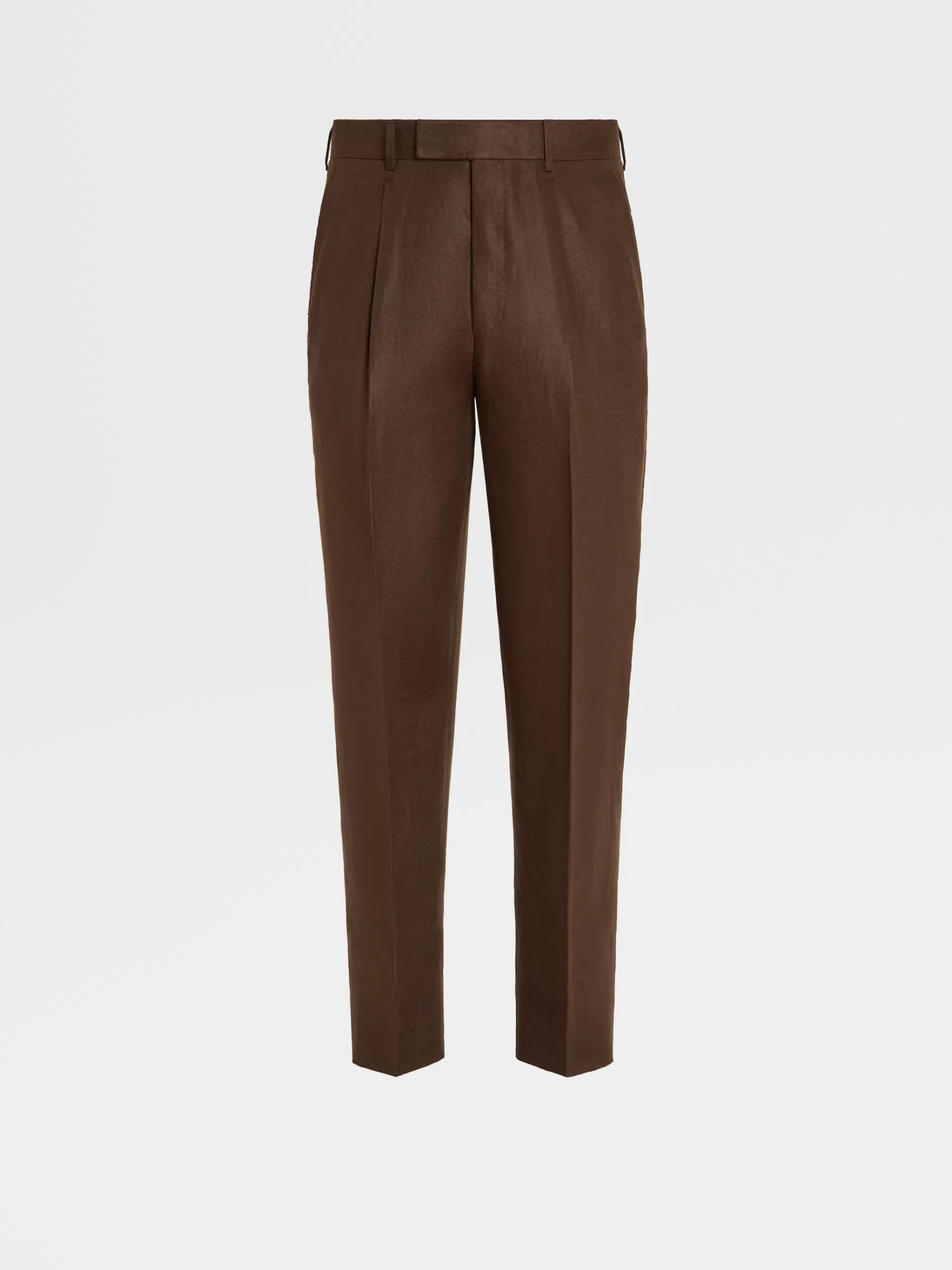 Best Sale ZEGNA Pantalon A Pinces En Lin Pur Marron Fonce