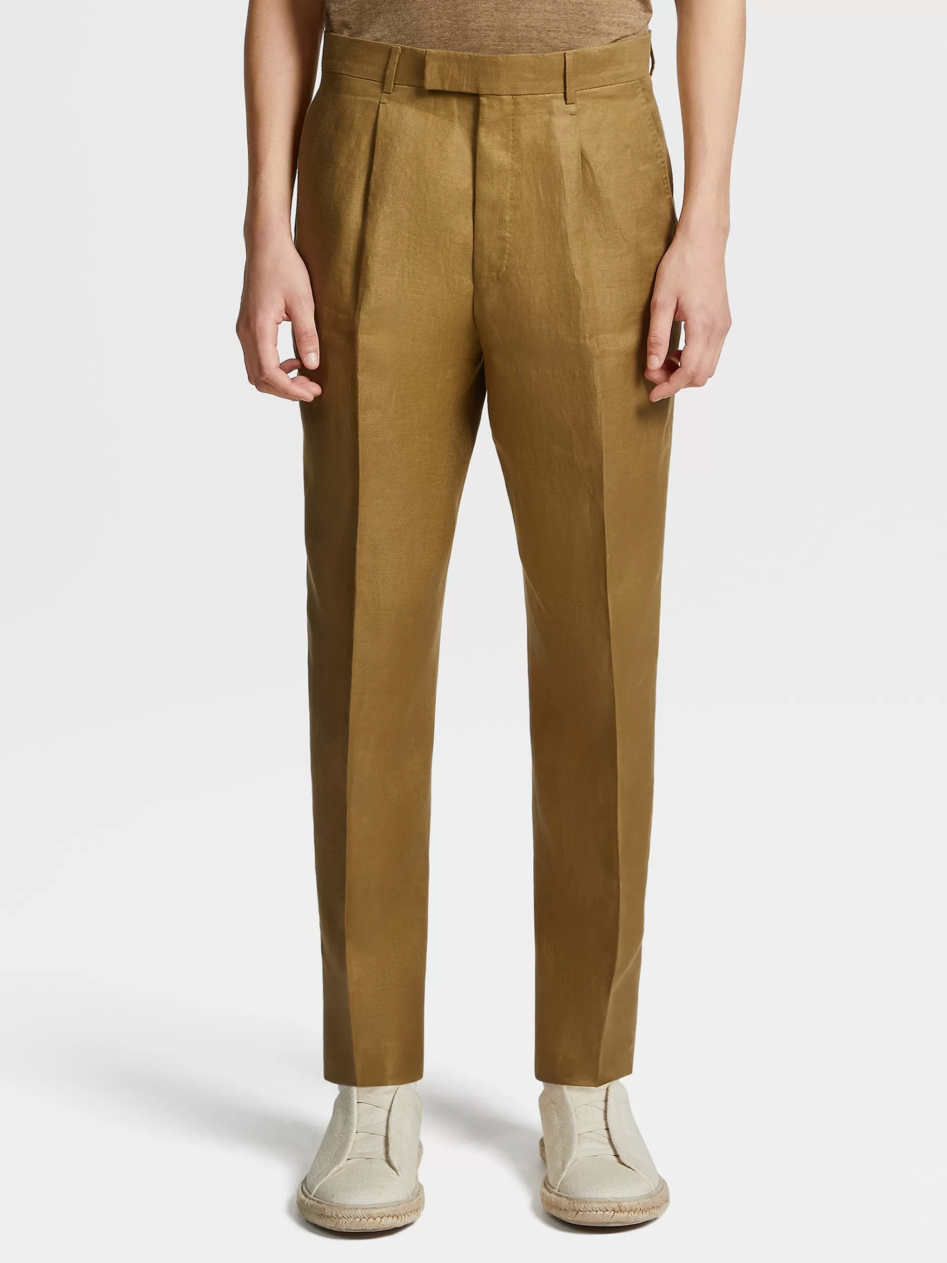 Sale ZEGNA Pantalon A Pinces En Lin Pur Vert Kaki Clair