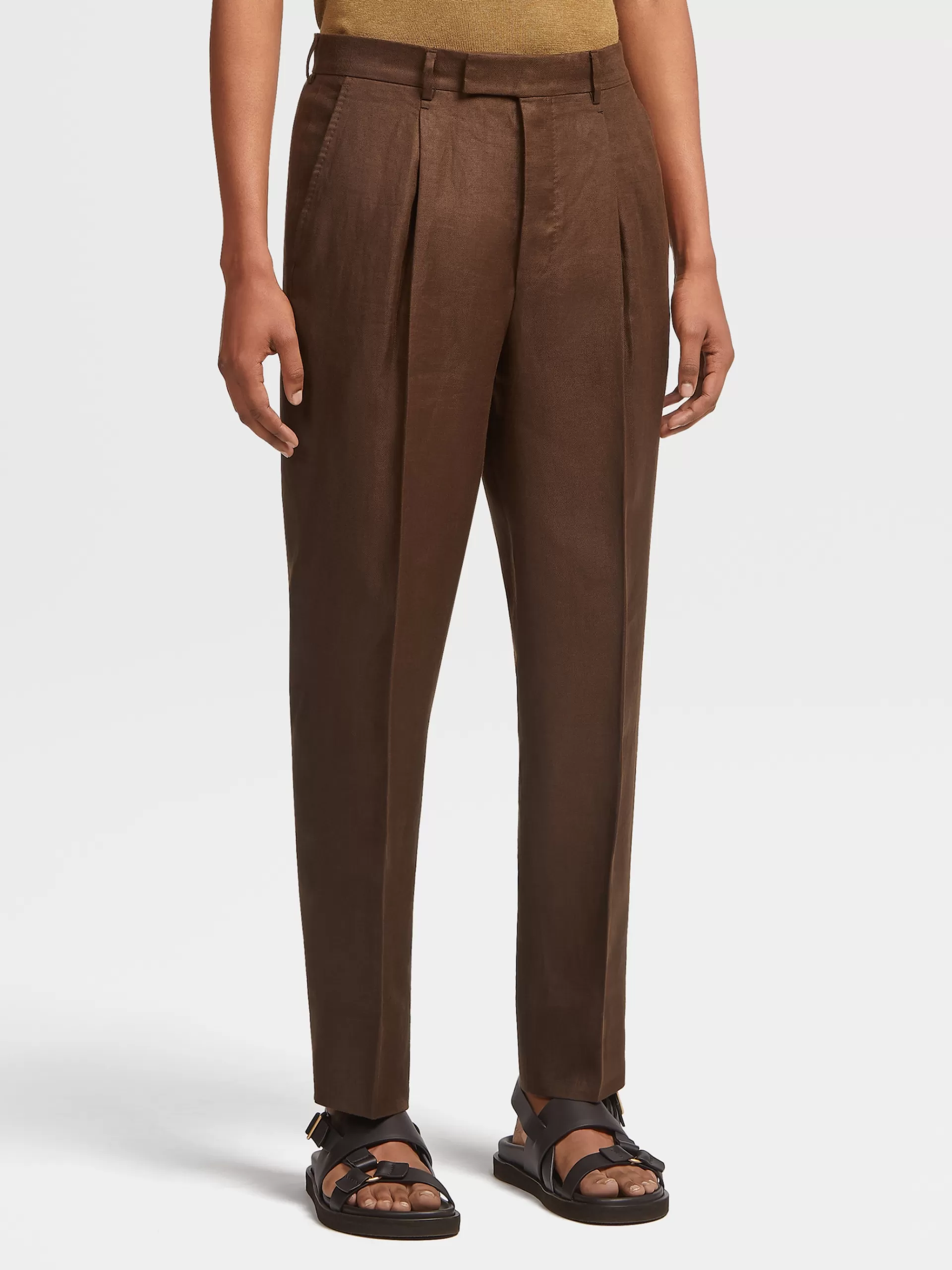 Best Sale ZEGNA Pantalon A Pinces En Lin Pur Marron Fonce