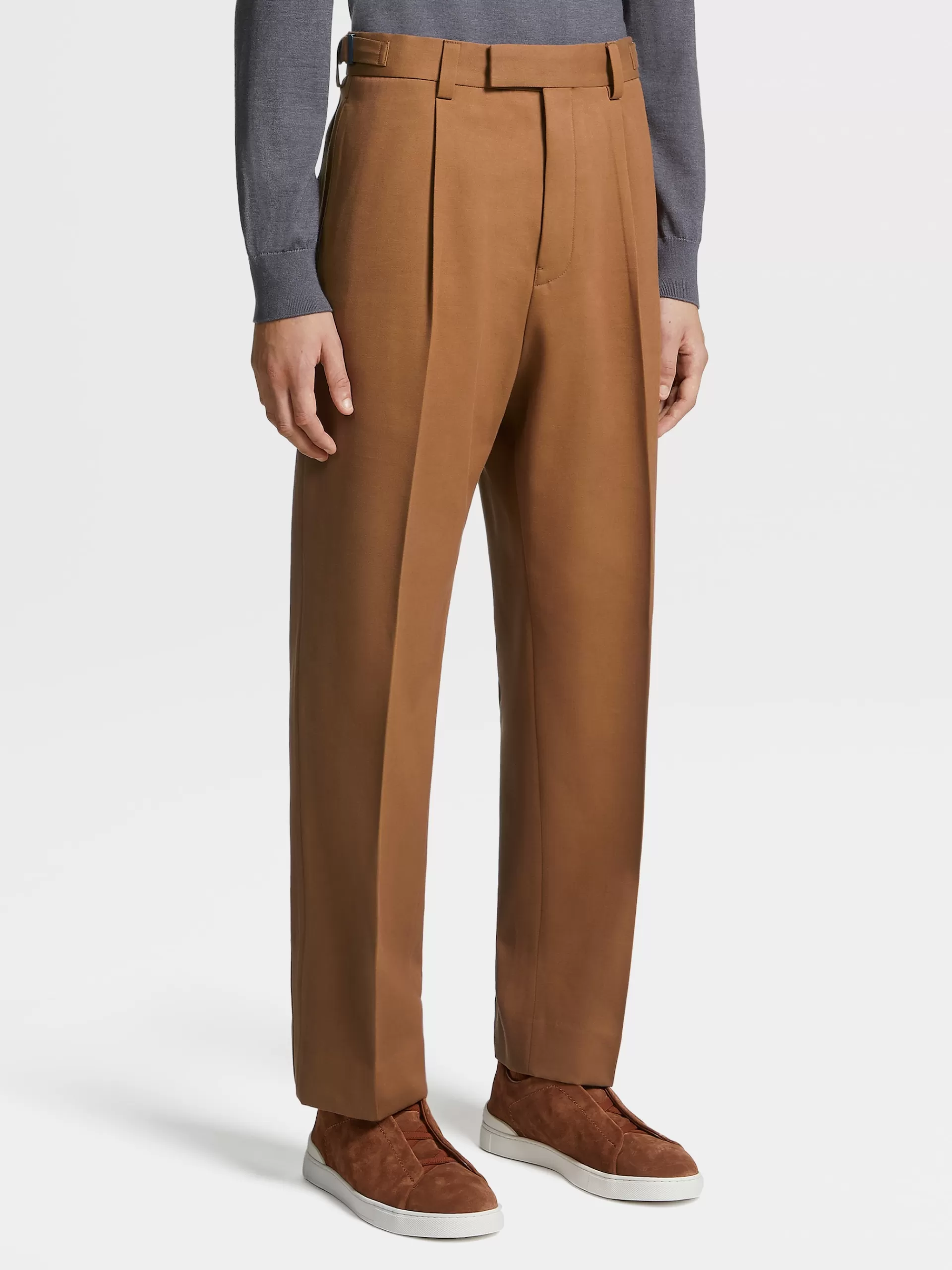 Outlet ZEGNA Pantalon A Pli En Coton Et Laine Marron Vigogne