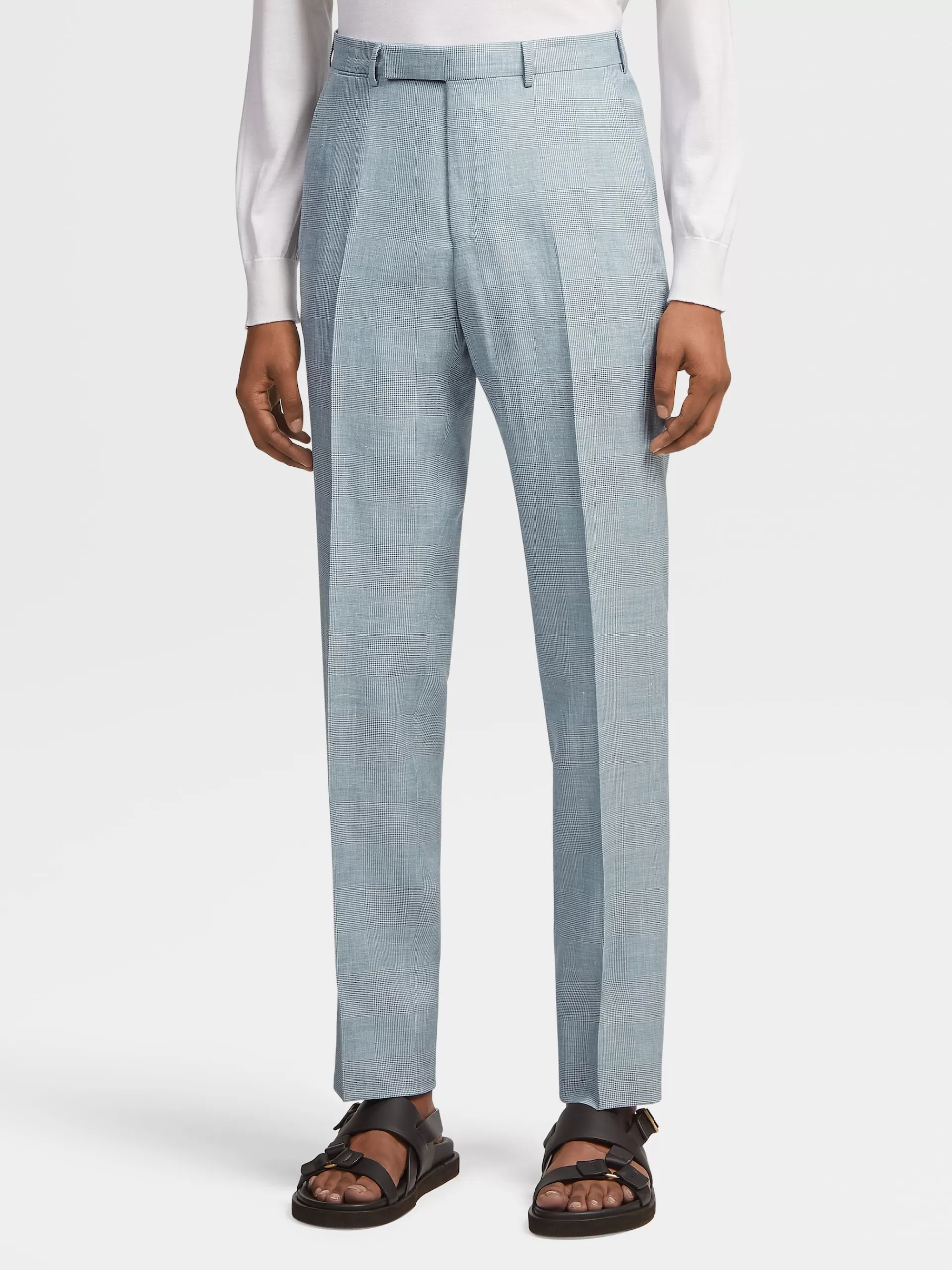 Store ZEGNA Pantalon Crossover En Laine Melangee Vert D'Eau Et Blanc Casse A Motif Prince De Galles Vert D'Eau/Blanc Casse