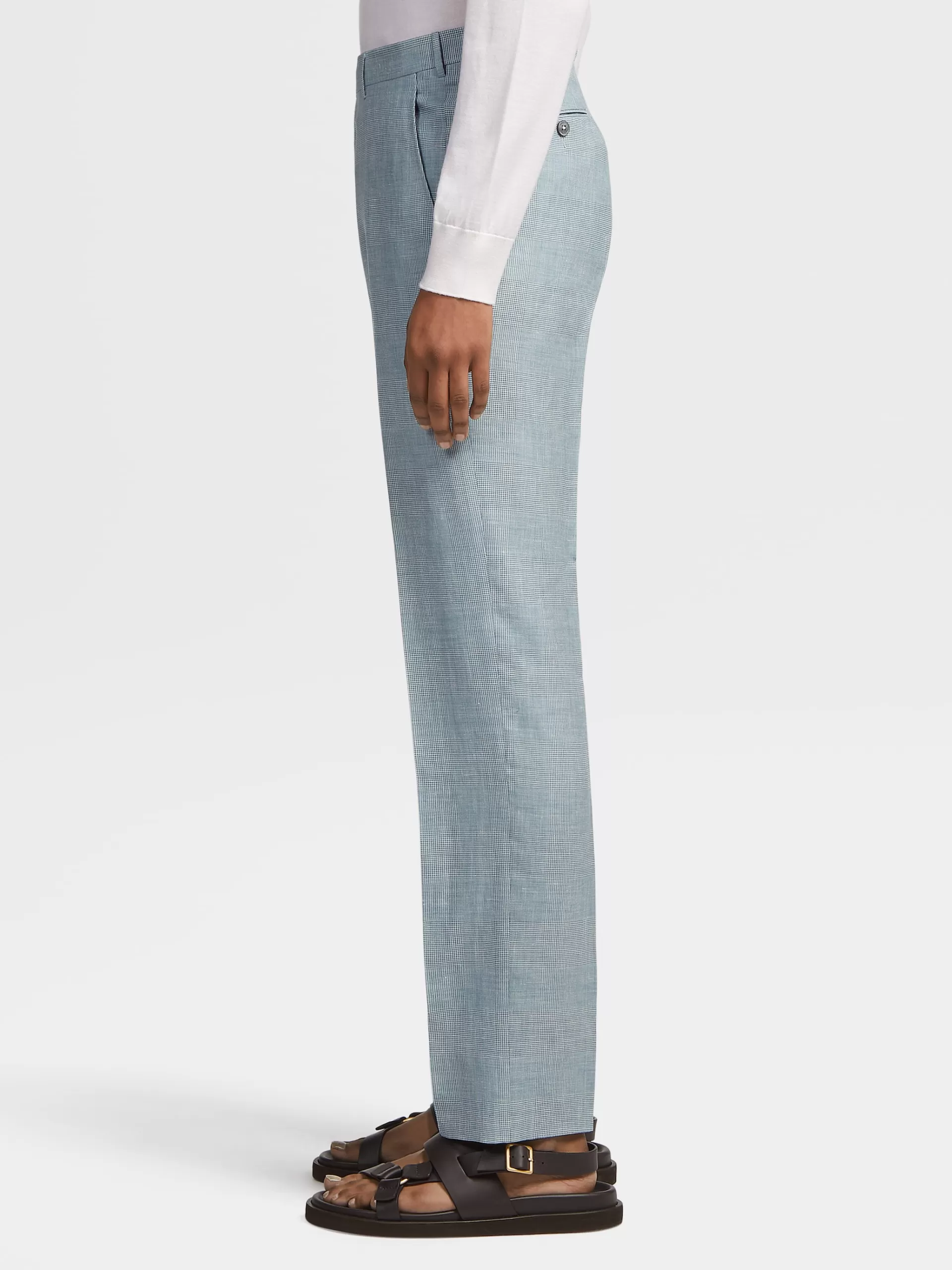 Store ZEGNA Pantalon Crossover En Laine Melangee Vert D'Eau Et Blanc Casse A Motif Prince De Galles Vert D'Eau/Blanc Casse