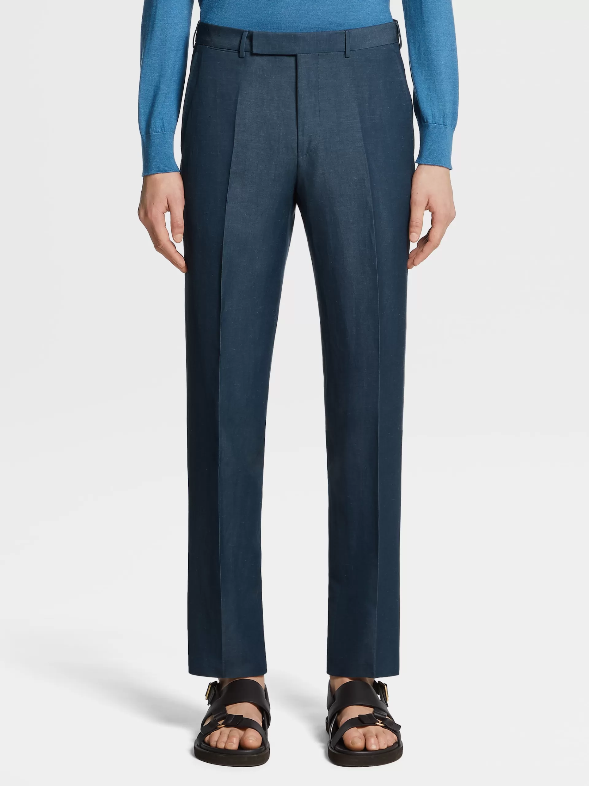 Online ZEGNA Pantalon En Laine Et Lin Trofeo™ Summer Bleu Sarcelle Fonce