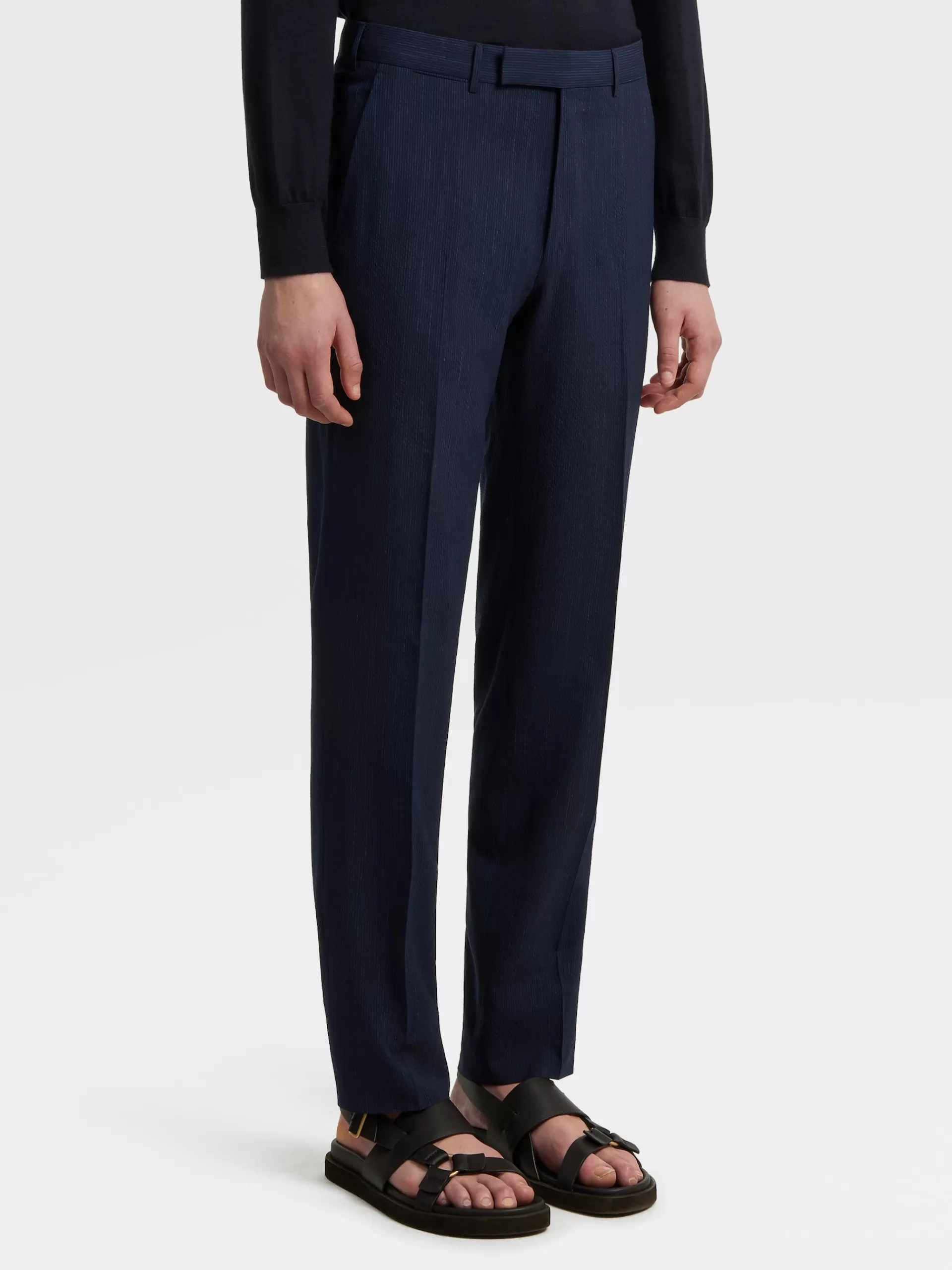 Cheap ZEGNA Pantalon En Trofeo™ Seersucker De Laine Bleu Et Bleu Marine A Micro-Carreaux Bleu/Bleu Marine