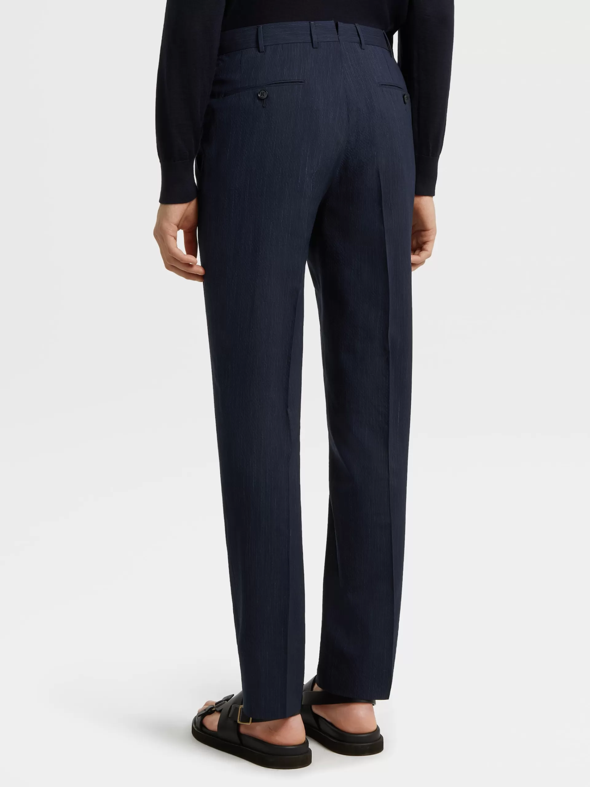Cheap ZEGNA Pantalon En Trofeo™ Seersucker De Laine Bleu Et Bleu Marine A Micro-Carreaux Bleu/Bleu Marine