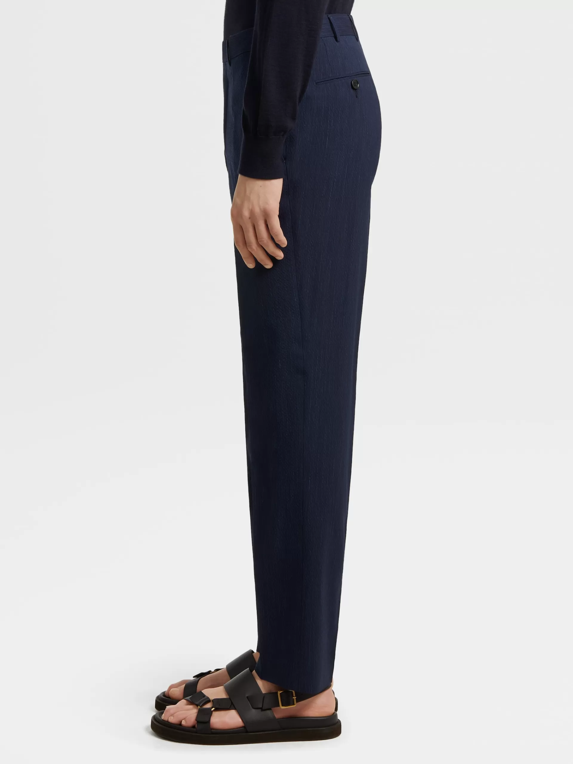 Cheap ZEGNA Pantalon En Trofeo™ Seersucker De Laine Bleu Et Bleu Marine A Micro-Carreaux Bleu/Bleu Marine