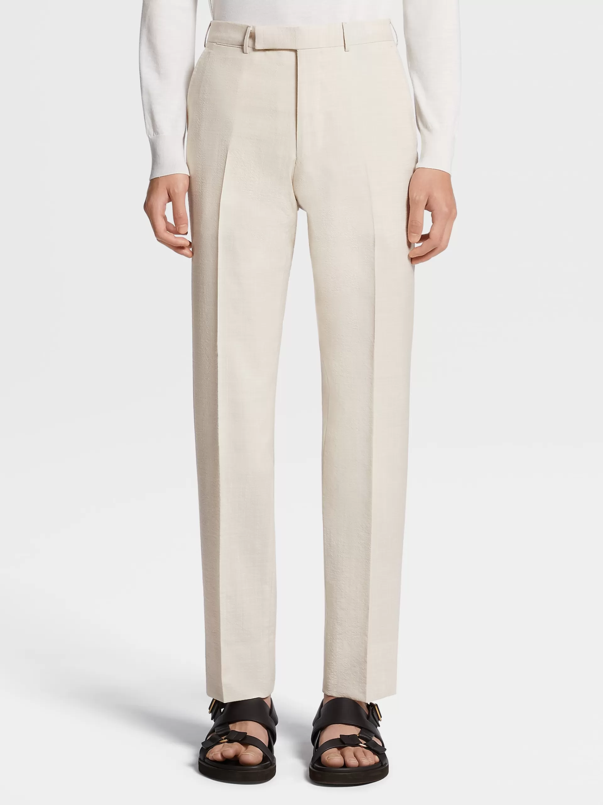 Best ZEGNA Pantalon En Trofeo™ Seersucker De Laine Melangee Blanc Casse