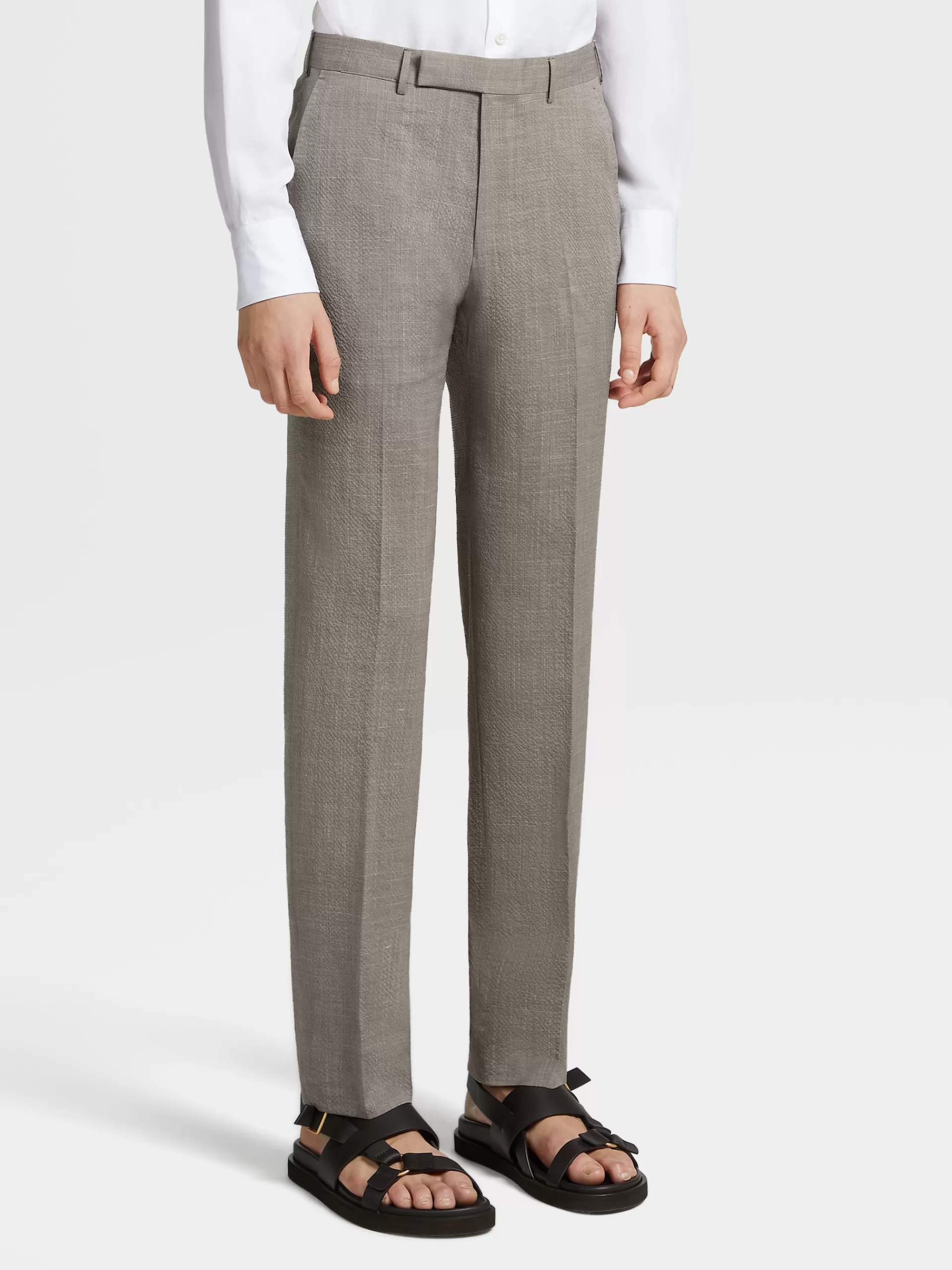 Cheap ZEGNA Pantalon En Trofeo™ Seersucker De Laine Melangee Marron Clair