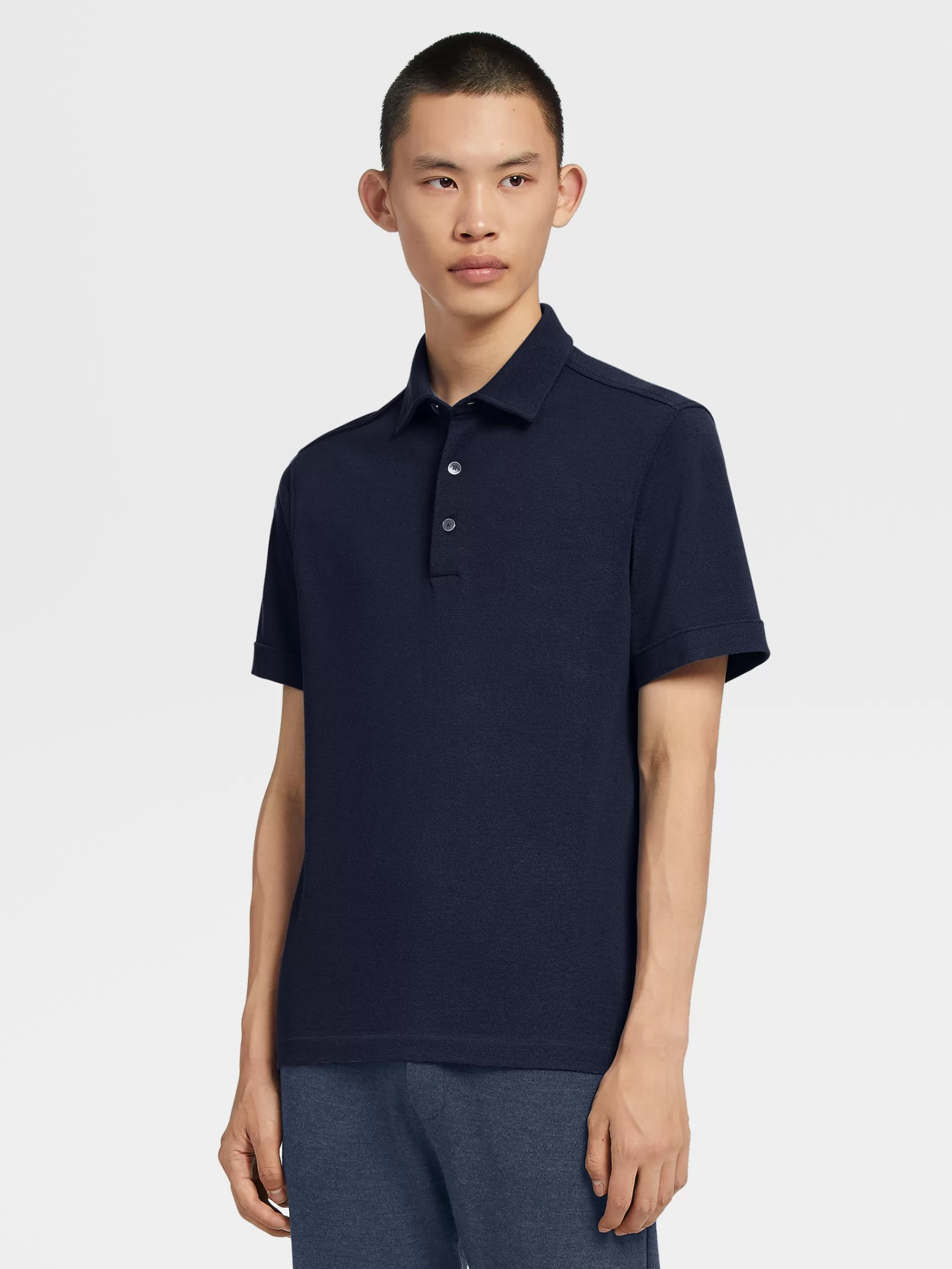 Cheap ZEGNA Polo A Manches Courtes En Jersey De Laine 12Milmil12 Bleu Marine