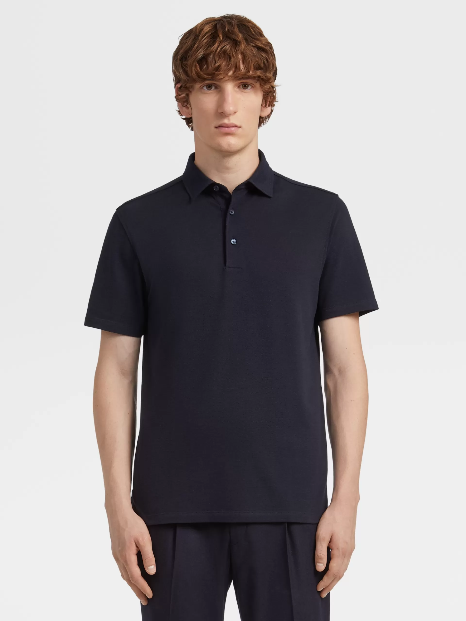 Store ZEGNA Polo Manches Courtes En Coton Et Soie Bleu Marine