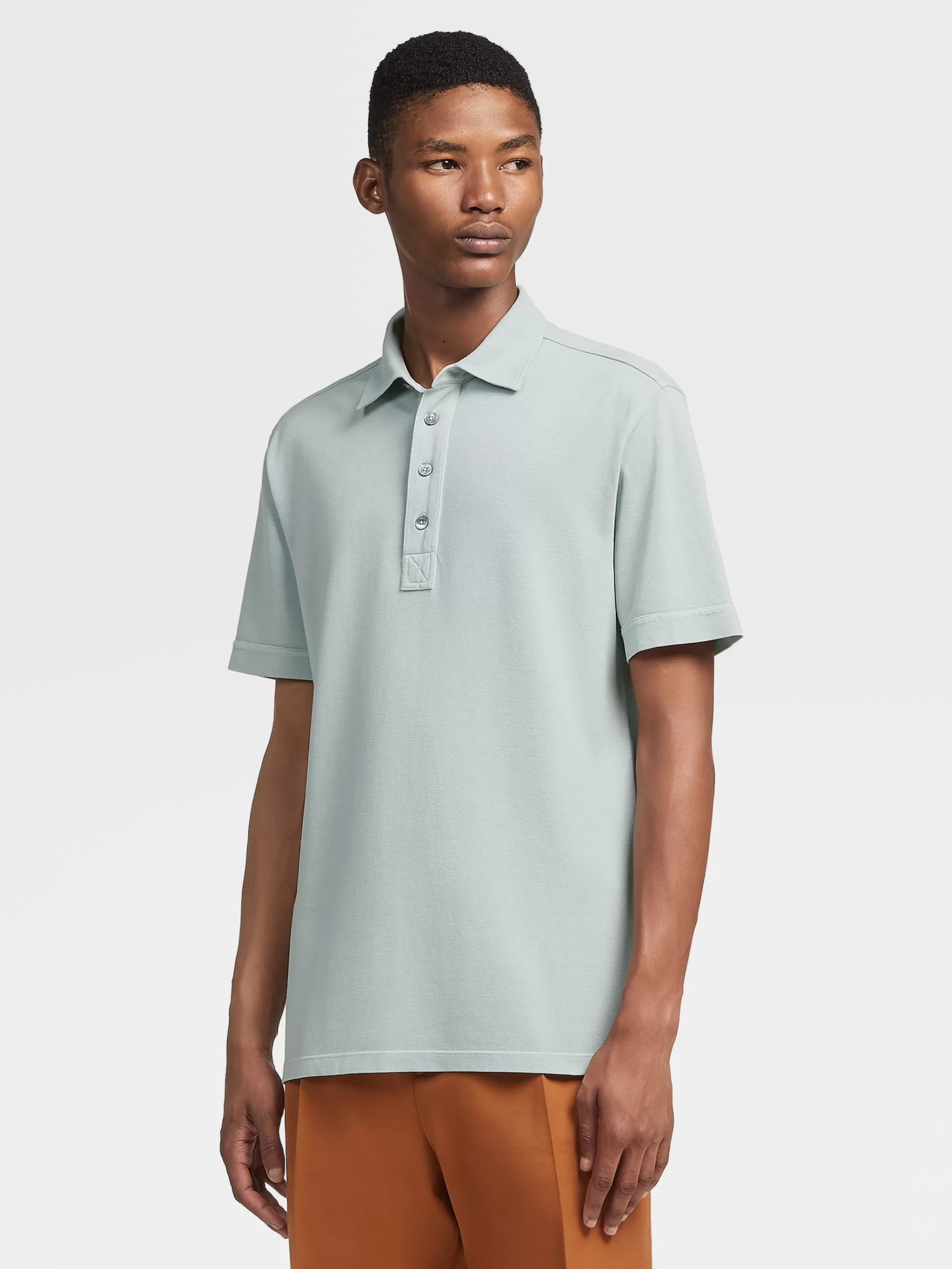 Shop ZEGNA Polo Manches Courtes En Coton Et Soie Vert D'Eau