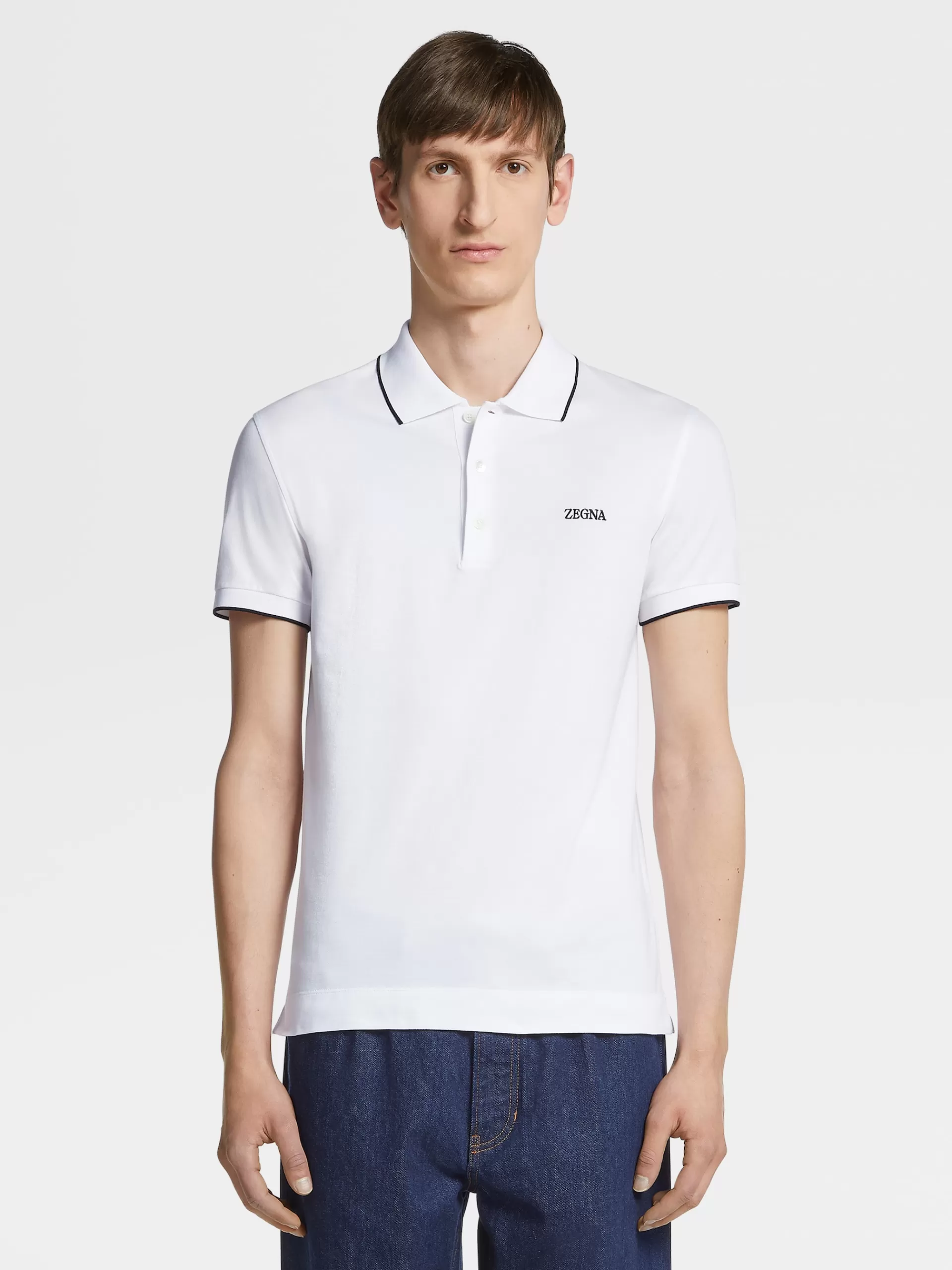 New ZEGNA Polo Manches Courtes En Coton Extensible Blanc