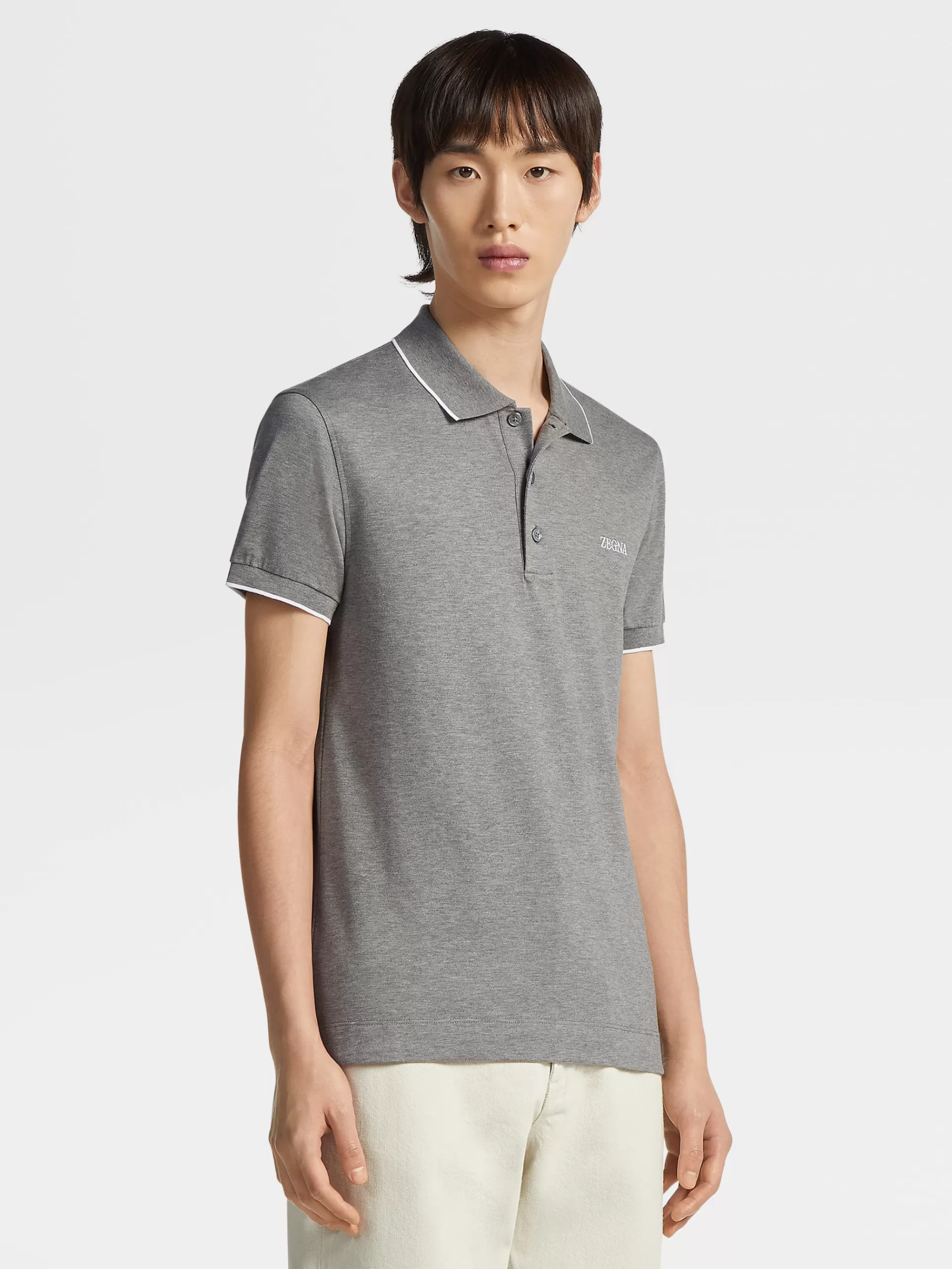 Fashion ZEGNA Polo Manches Courtes En Coton Extensible Gris Chine