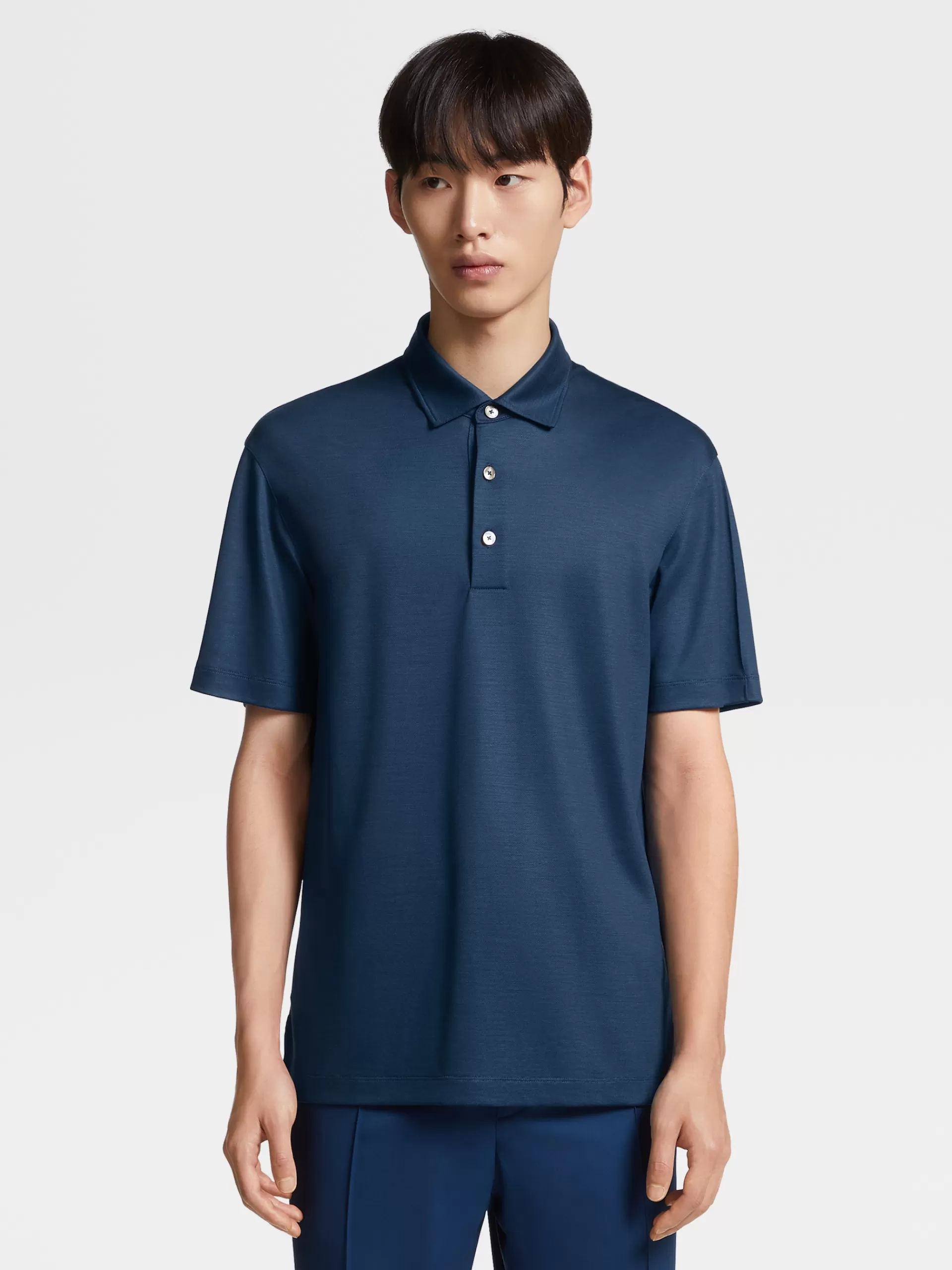 Sale ZEGNA Polo Manches Courtes En Laine High Performance™ Bleu Fonce