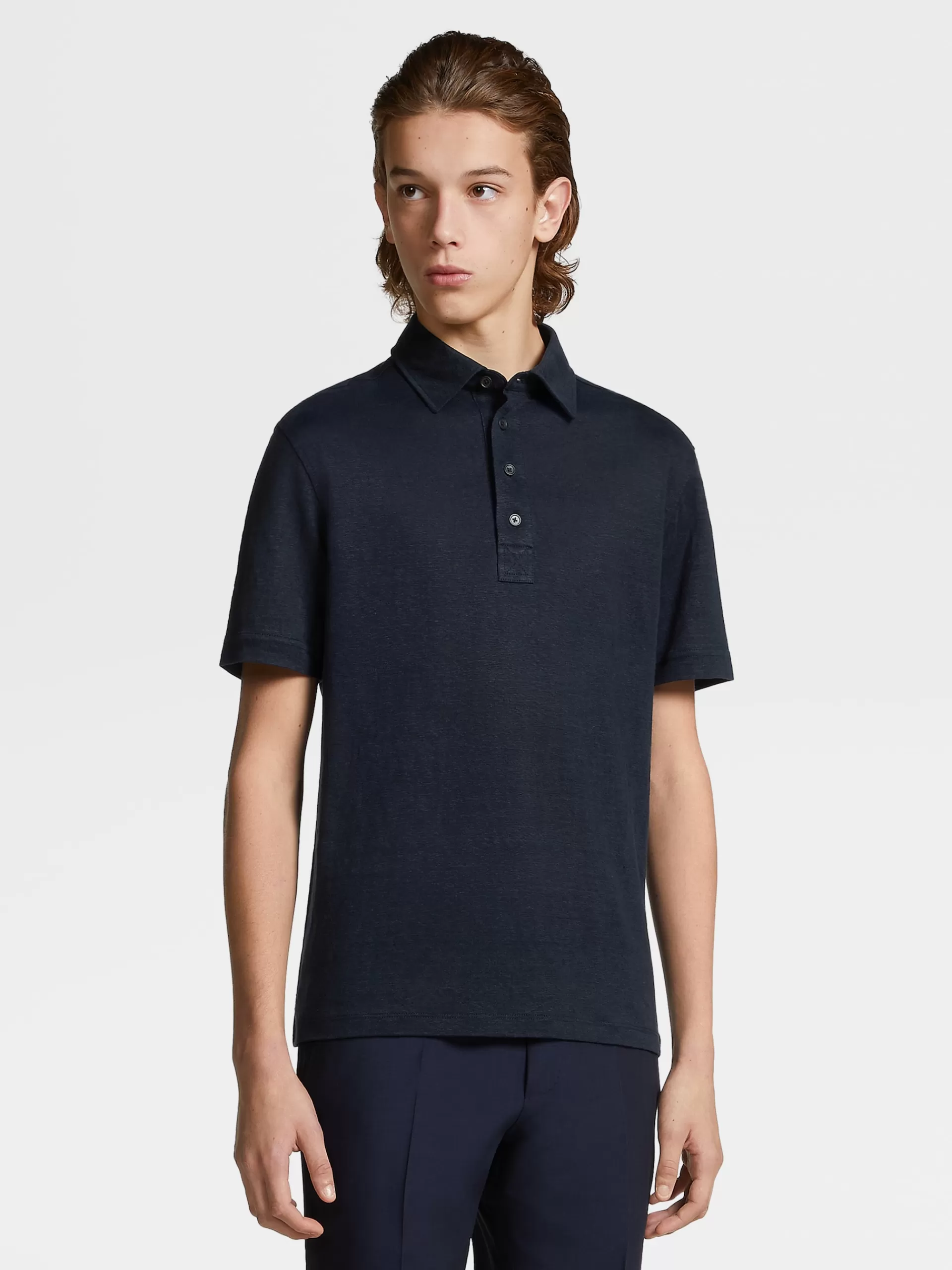 Cheap ZEGNA Polo Manches Courtes En Lin Pur Bleu Marine