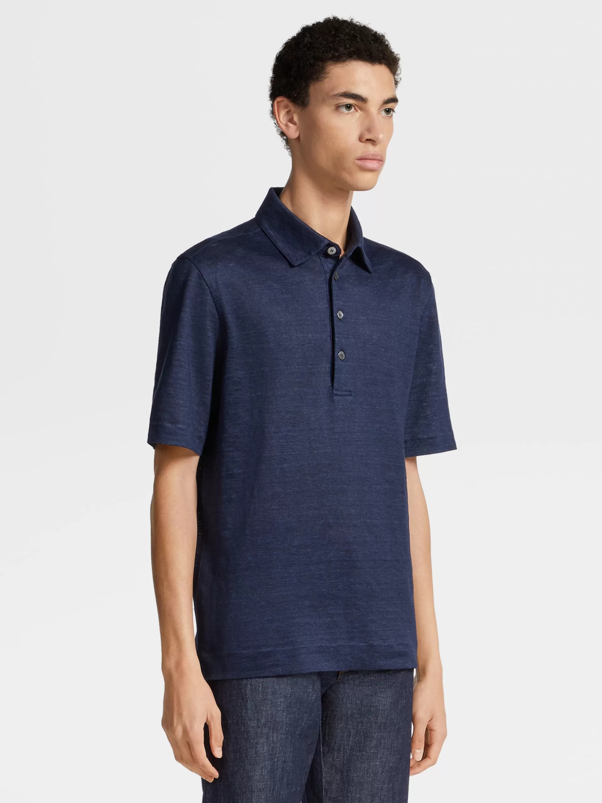 Best ZEGNA Polo Manches Courtes En Lin Pur Bleu Marine