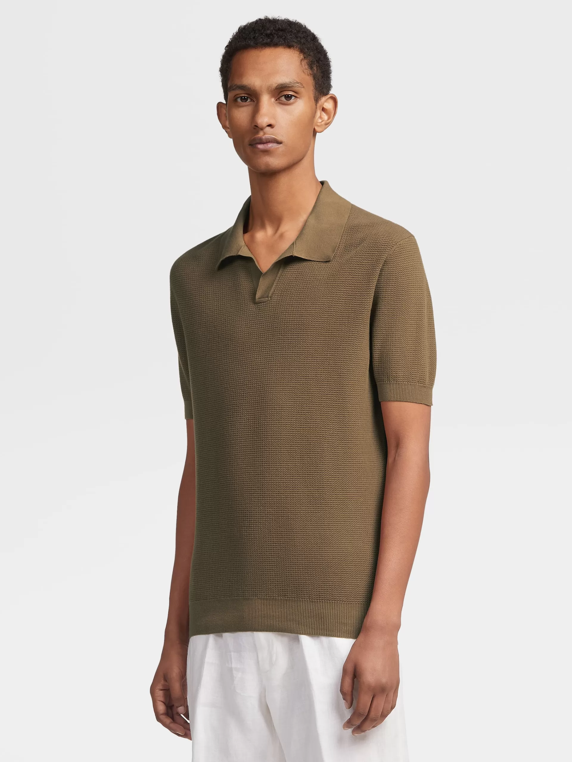 Shop ZEGNA Polo Manches Courtes En Maille Jacquard De Premium Cotton Beige Fonce