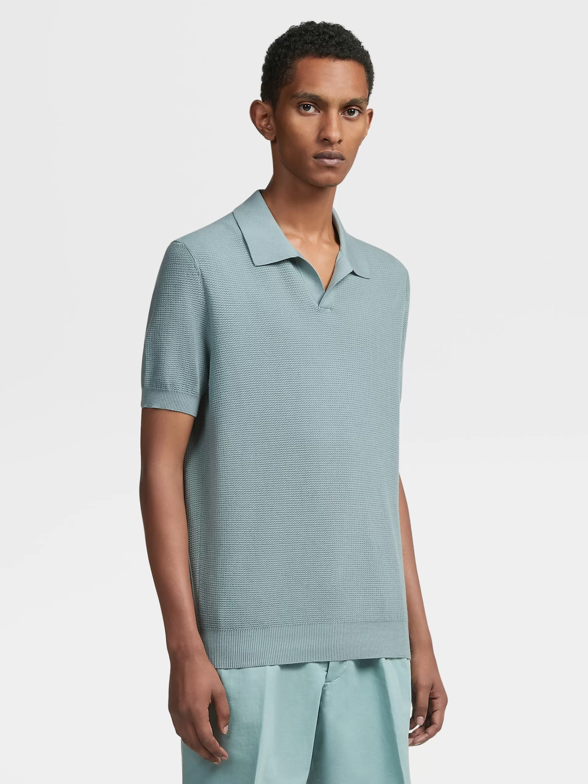 Outlet ZEGNA Polo Manches Courtes En Maille Jacquard De Premium Cotton Vert D'Eau