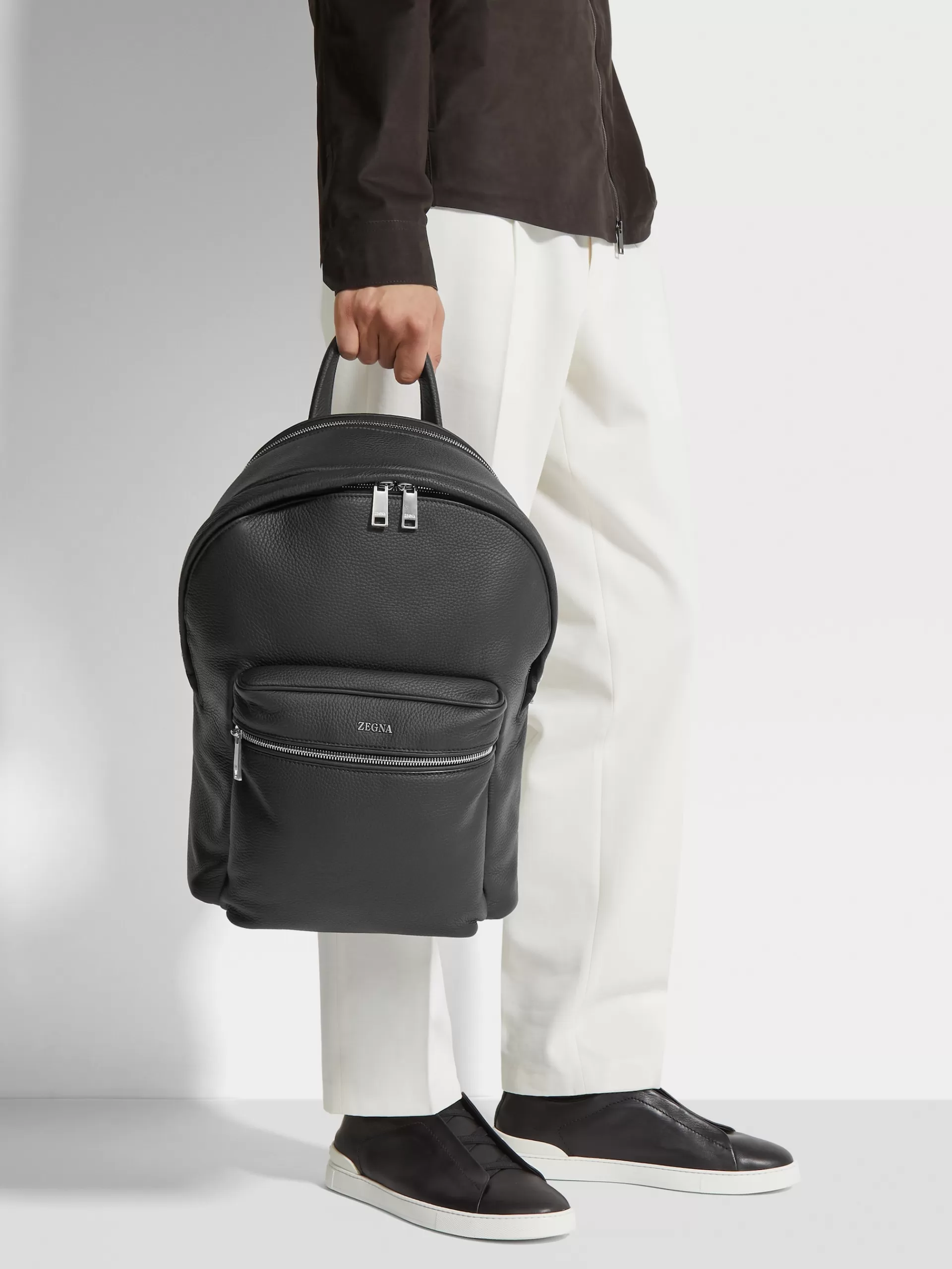 Shop ZEGNA Sac A Dos Hoodie En Cuir De Cerf Noir