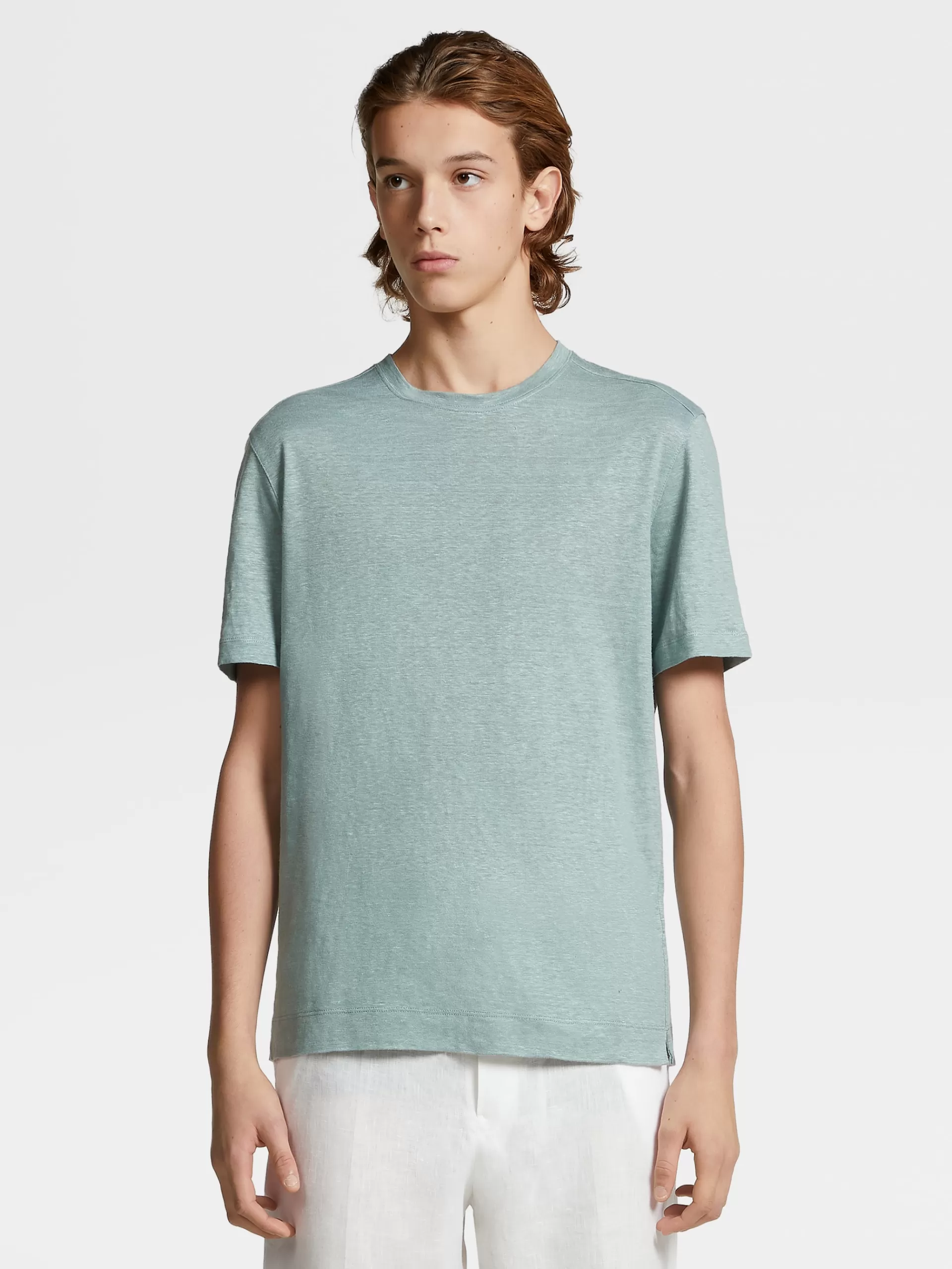 Hot ZEGNA T-Shirt Manches Courtes En Lin Pur Vert D'Eau