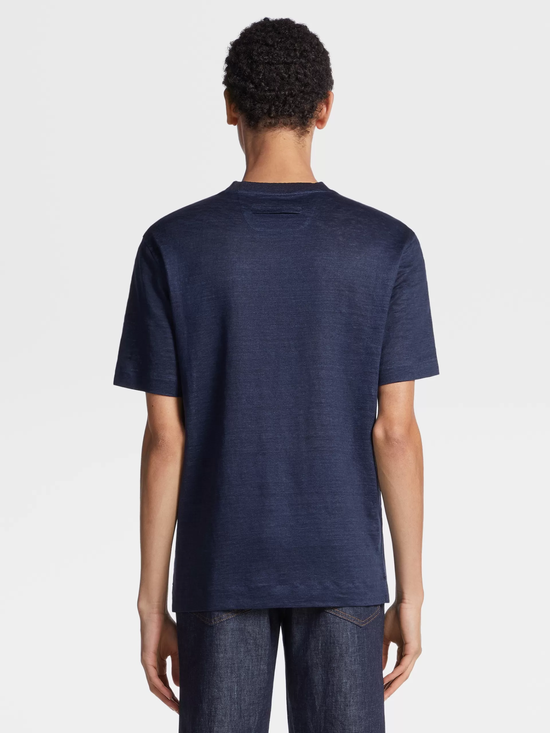 Online ZEGNA T-Shirt Manches Courtes En Lin Pur Bleu Marine