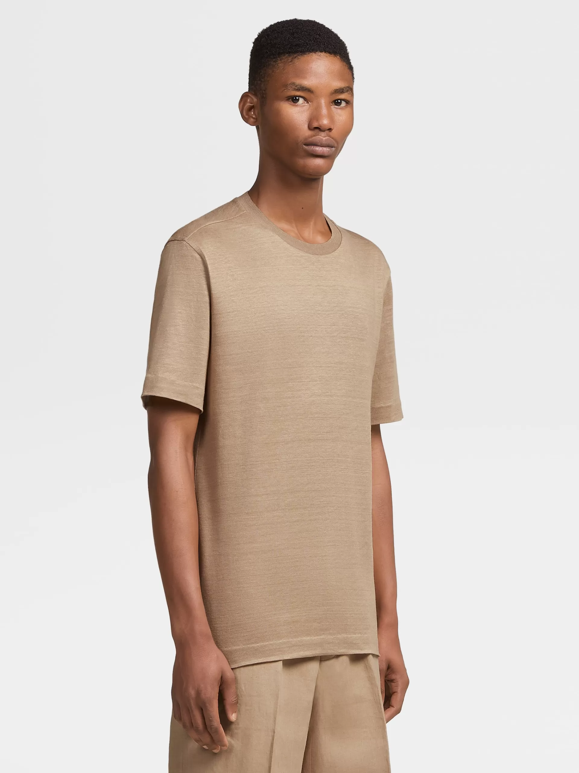 Discount ZEGNA T-Shirt Manches Courtes En Lin Pur Camel