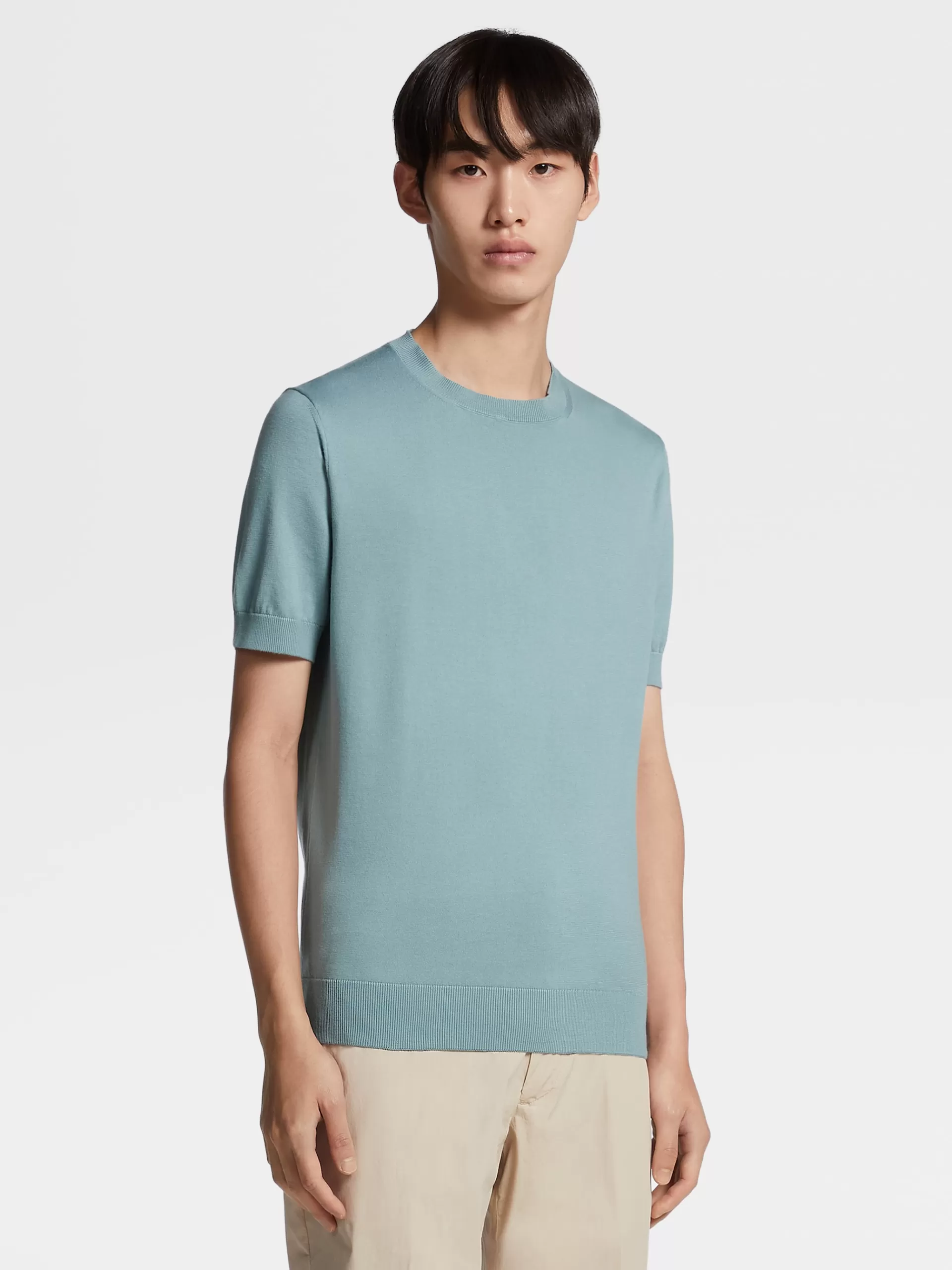 New ZEGNA T-Shirt Manches Courtes En Maille De Premium Cotton Vert D'Eau