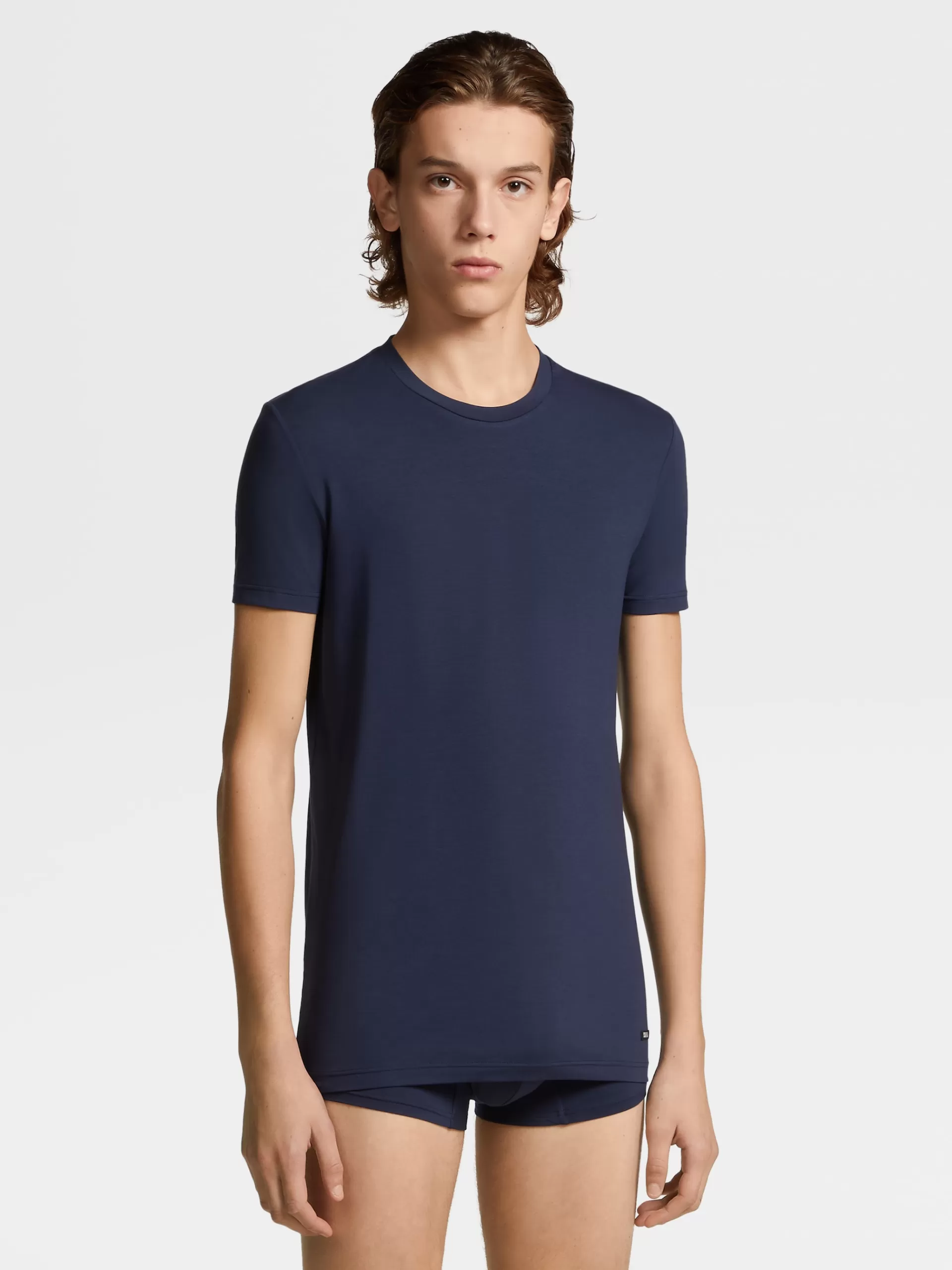 New ZEGNA T-Shirt Ras Du Cou En Modal Extensible Bleu Marine